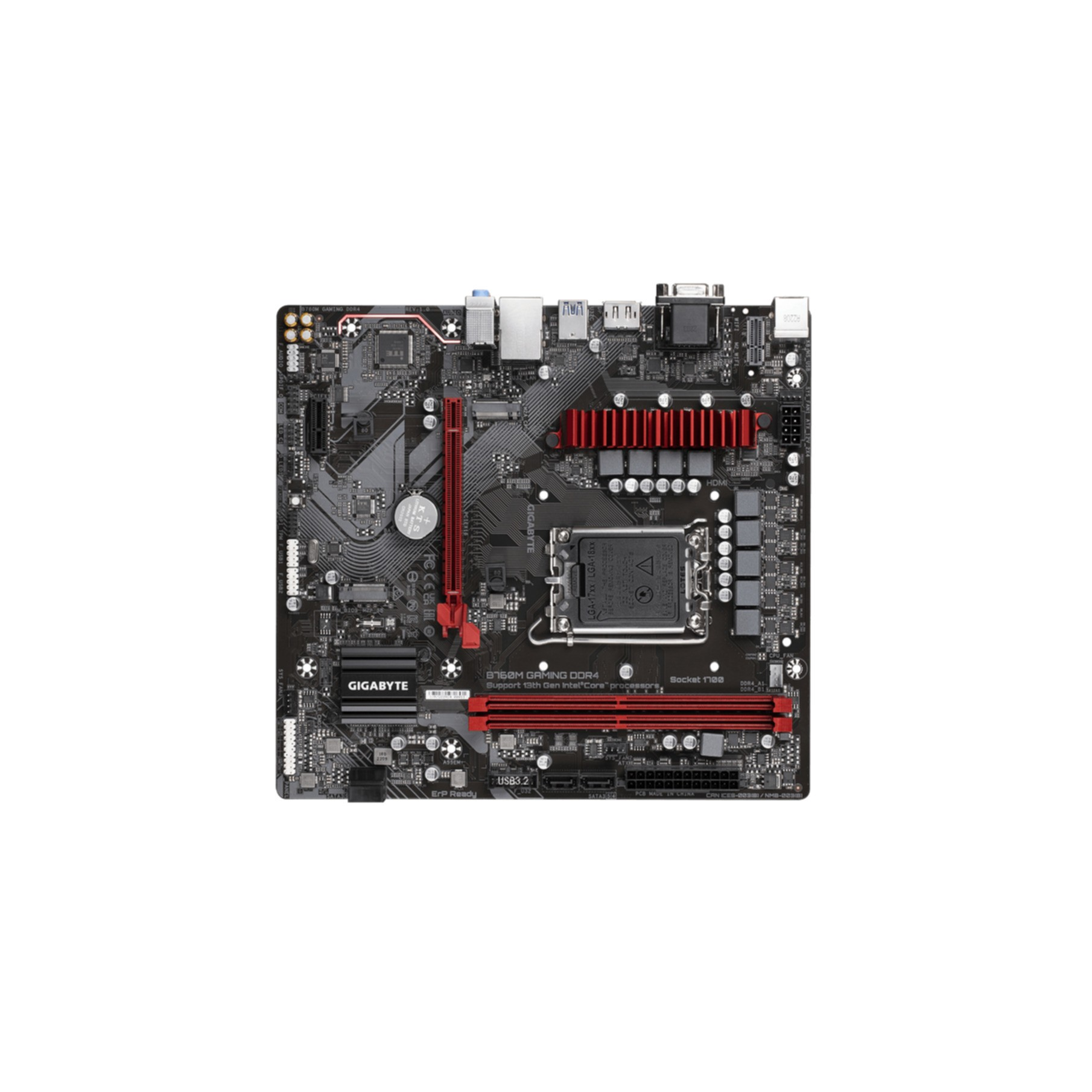 Czarna płyta główna z czerwonymi akcentami, logo Gigabyte, różne porty, białe tło.
