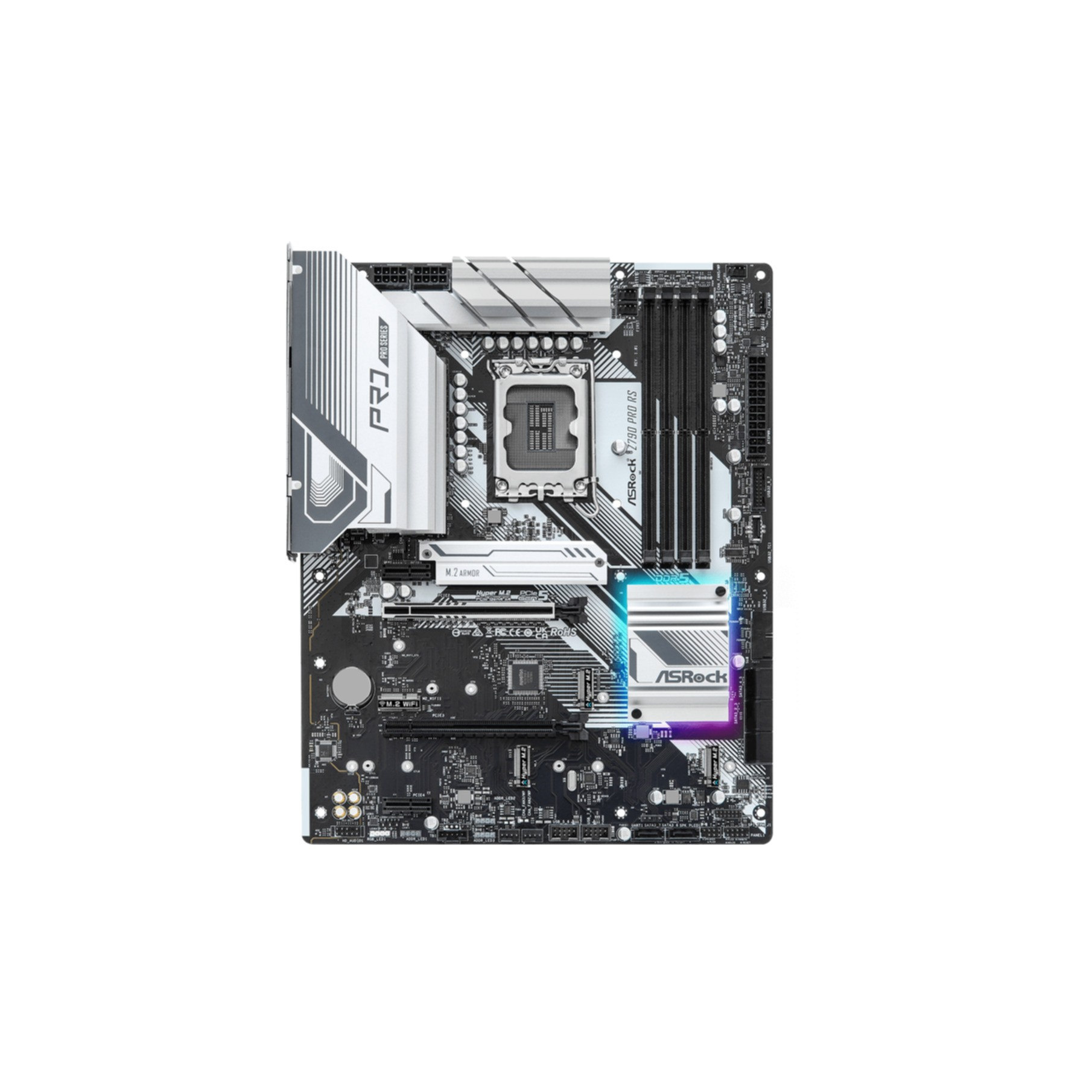 Płyta główna ze srebrnymi i czarnymi komponentami, kilkoma portami i gniazdem procesora na białym tle.