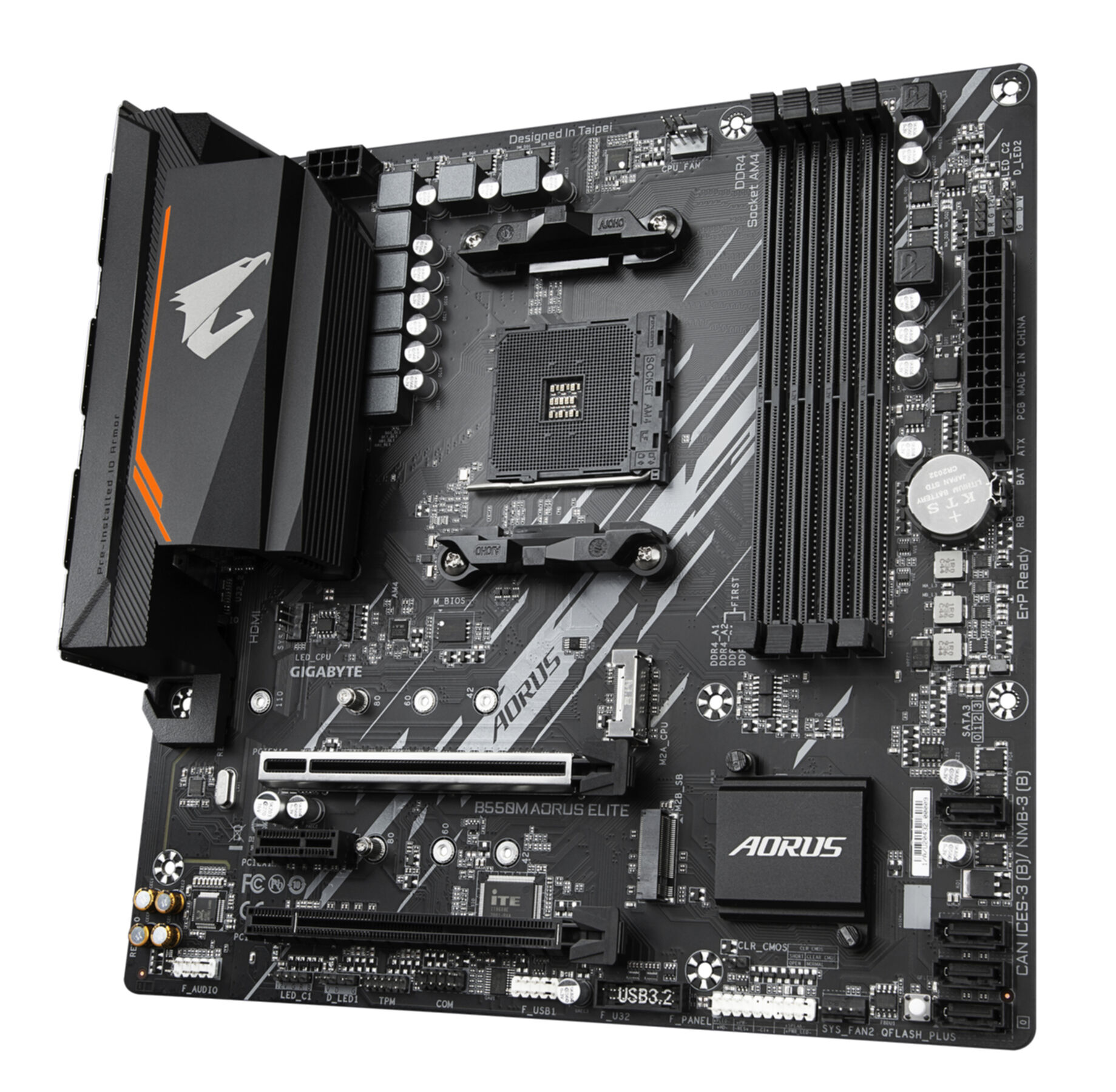 Black computer motherboard with orange accents. The brand name is AORUS.
