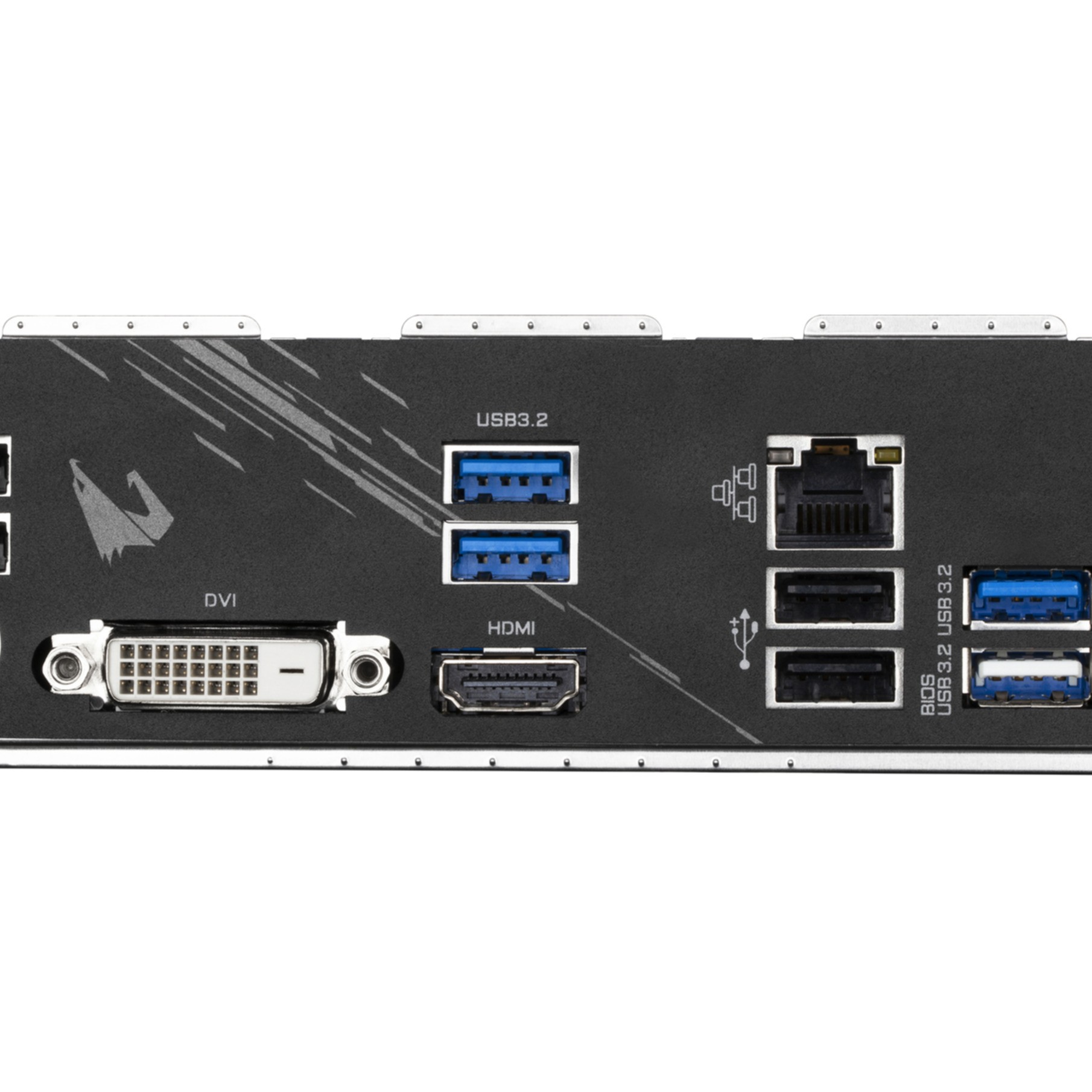 Back of a black motherboard. Ports include DVI, HDMI, USB 3.2.