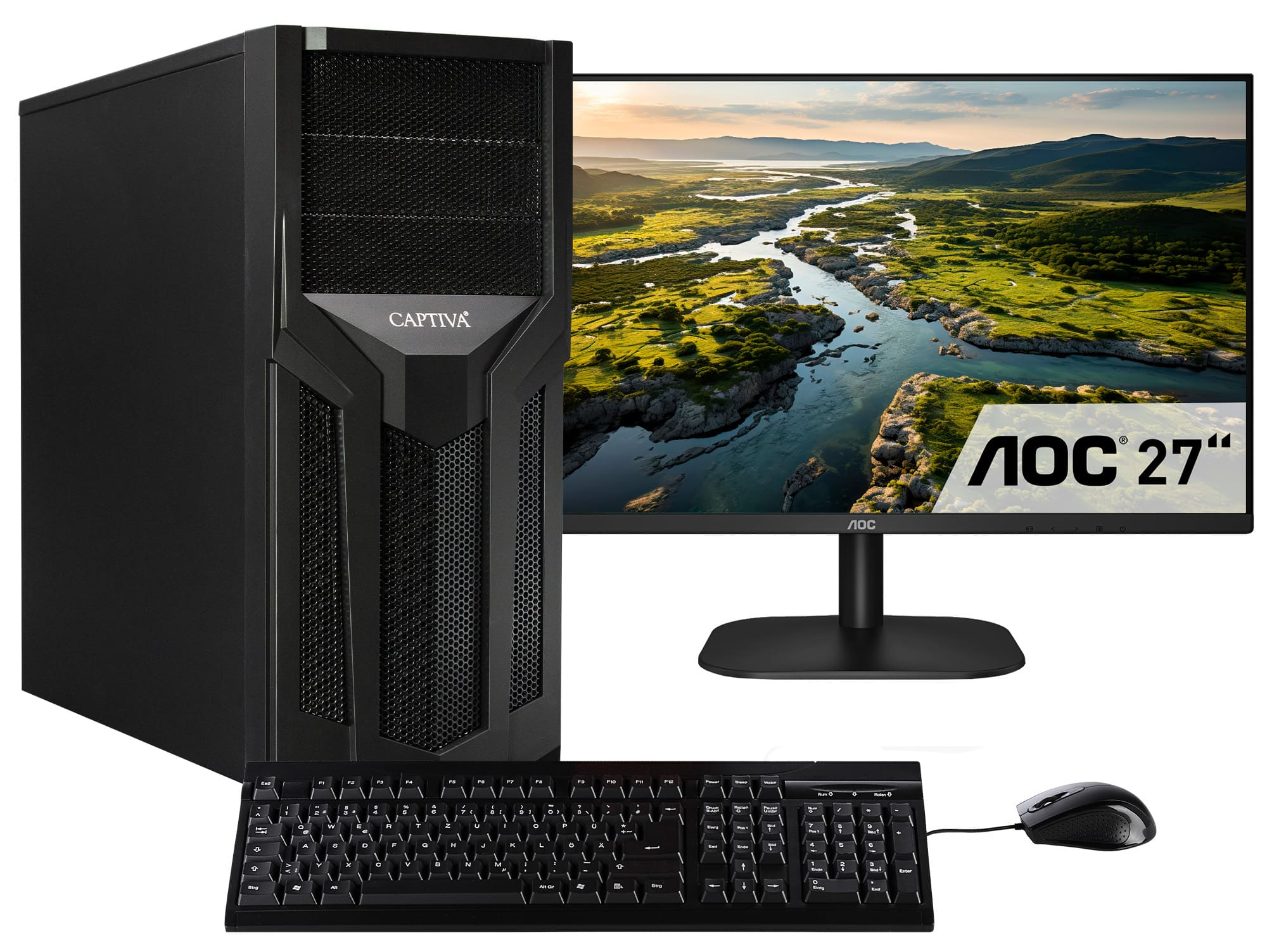 Zwarte computeropstelling met een 27" AOC-monitor, toetsenbord en muis. Witte achtergrond.