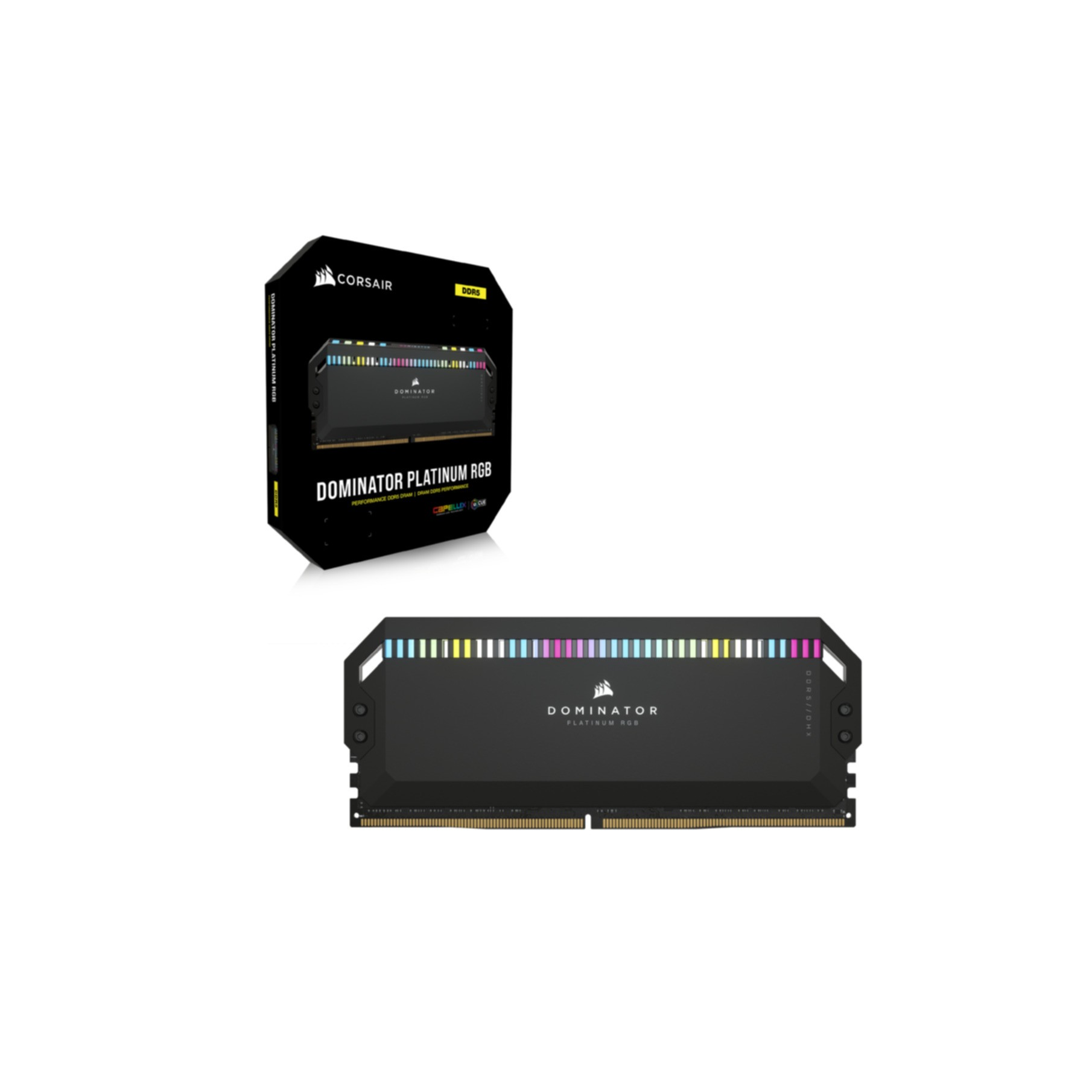 Zestaw RAM Corsair Dominator Platinum RGB DDR5 w pudełku i otwarty. Jest czarny ze światłami RGB.