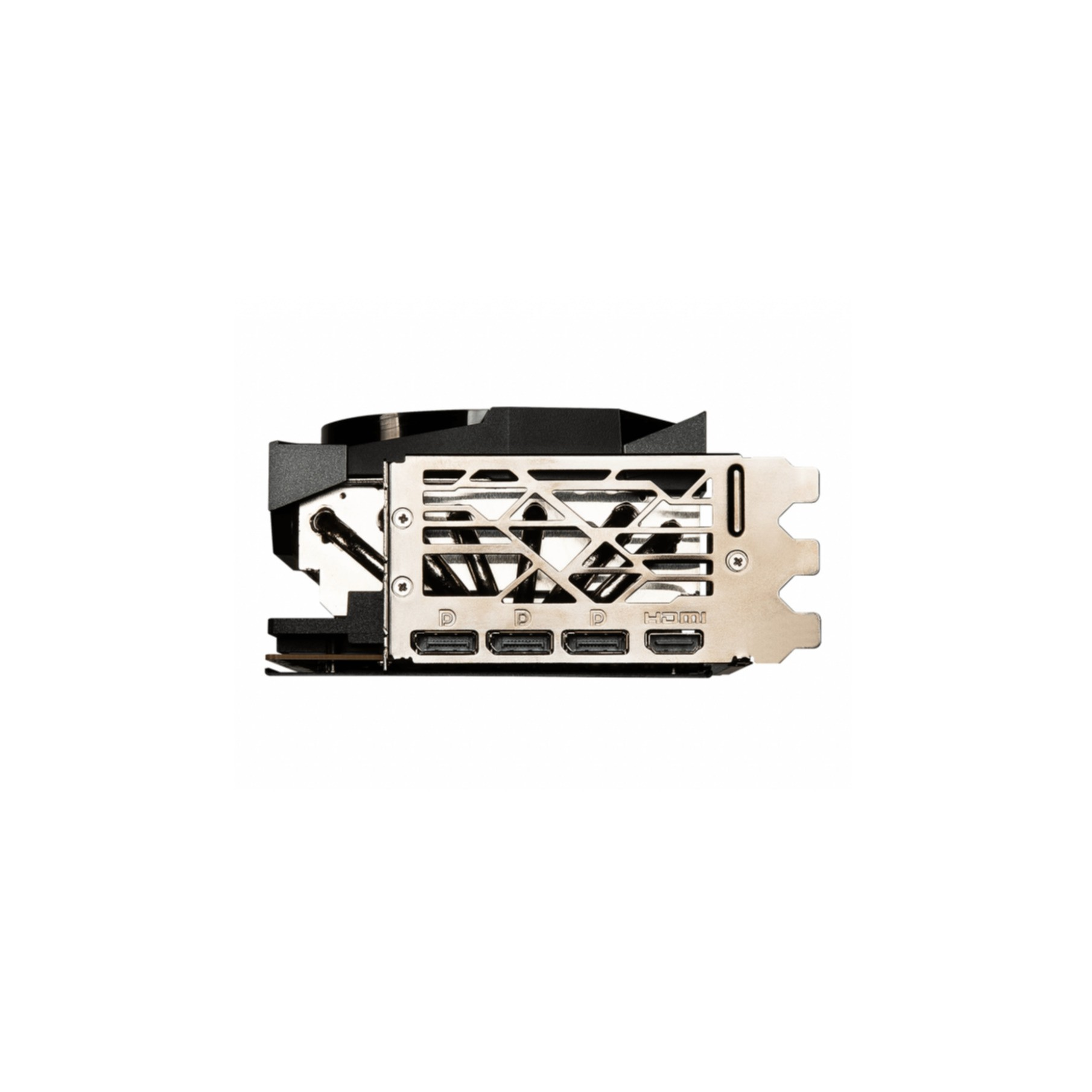 Una scheda grafica nera, vista laterale, con più porte HDMI. Piastra posteriore argento.