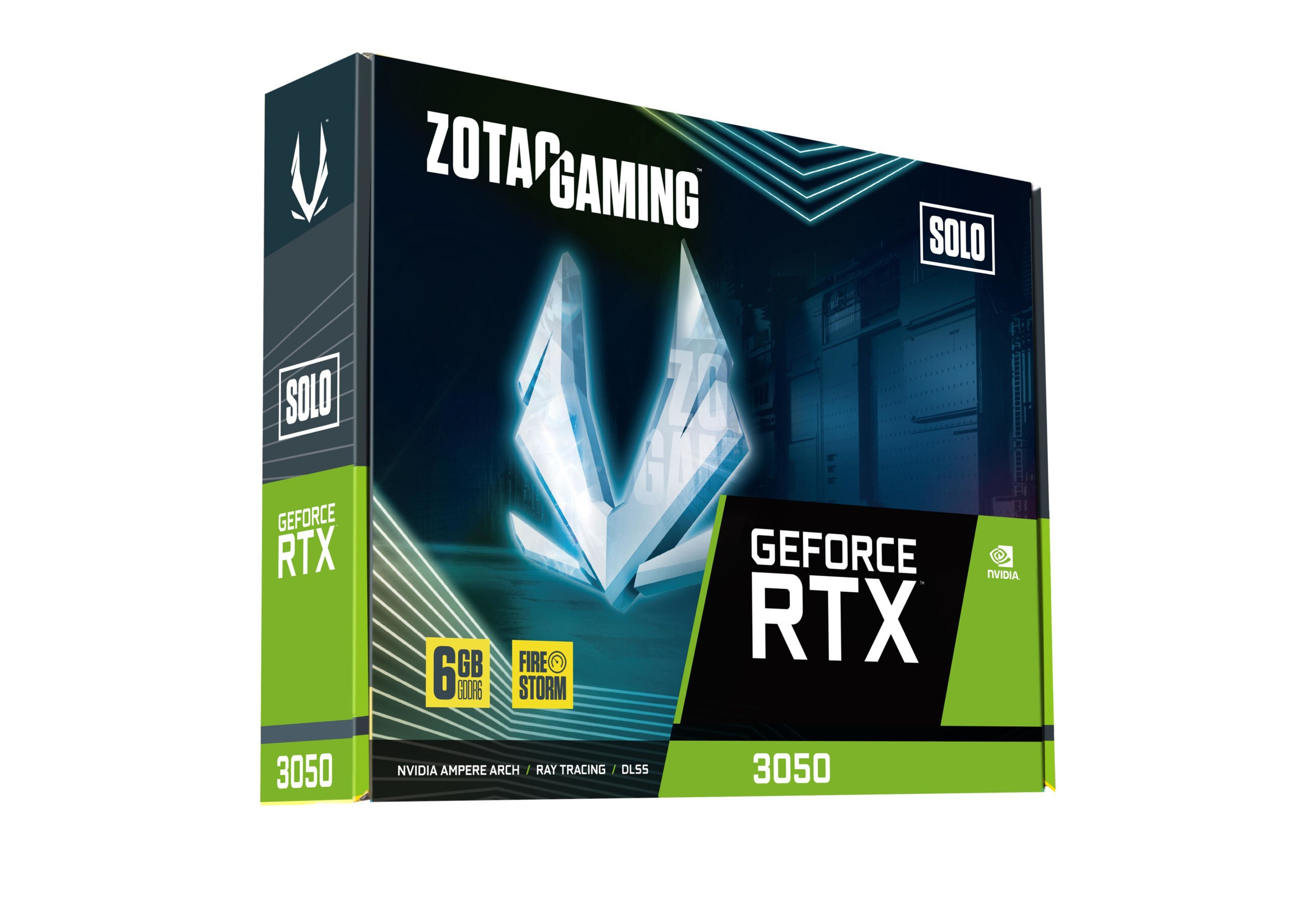 Pudełko ZOTAC GAMING GeForce RTX 3050. Zielono-czarny design z grafiką skrzydła.