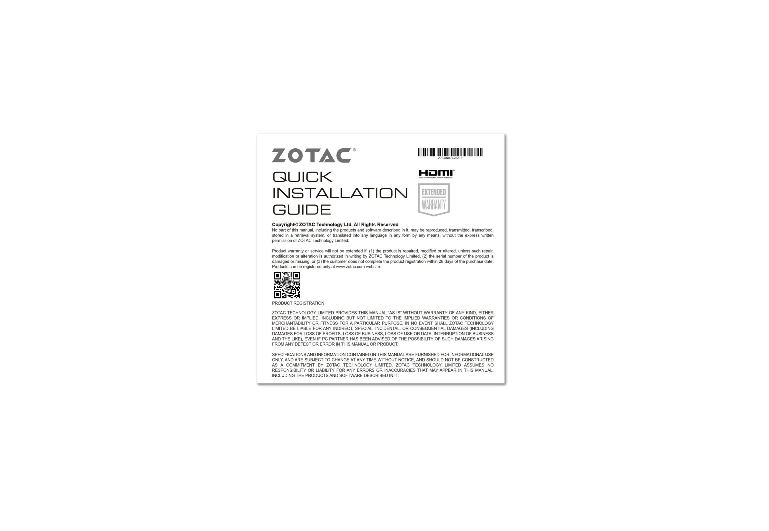 ZOTAC Quick Installation Guide, białe tło, widoczny tekst i kod QR.