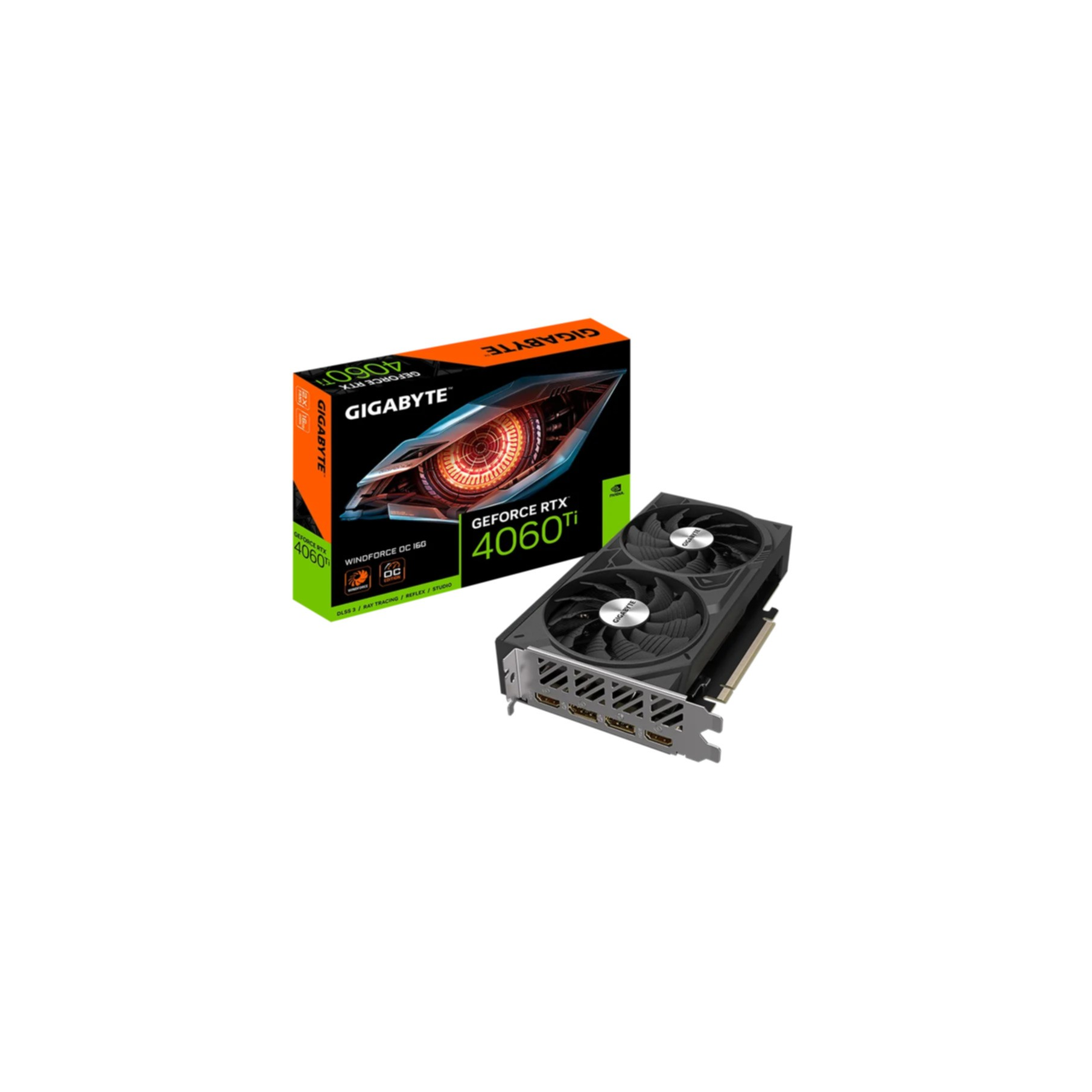 Scheda grafica Gigabyte GeForce RTX 4060 Ti con scatola. La scheda ha due ventole.