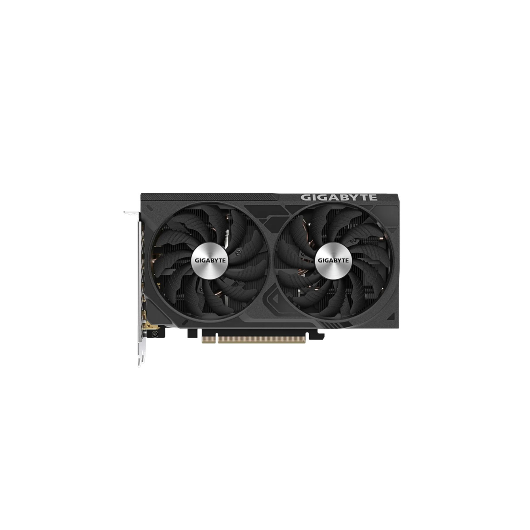 Una scheda grafica nera e grigia con due ventole, su sfondo bianco. Il logo GIGABYTE è visibile.