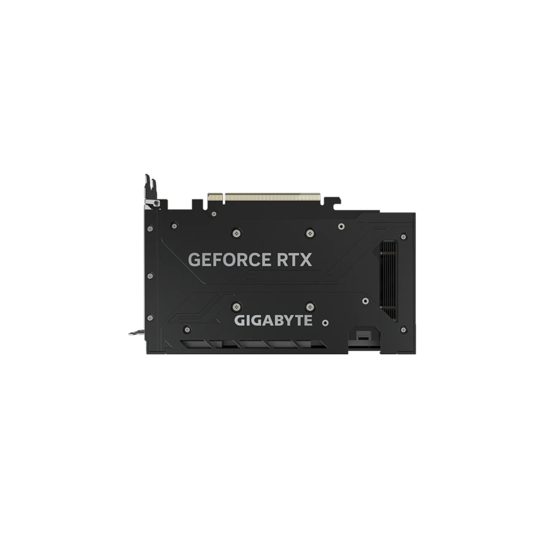 Scheda grafica Gigabyte nera. I testi 'GEFORCE RTX' e 'GIGABYTE' sono visibili. Retro bianco.