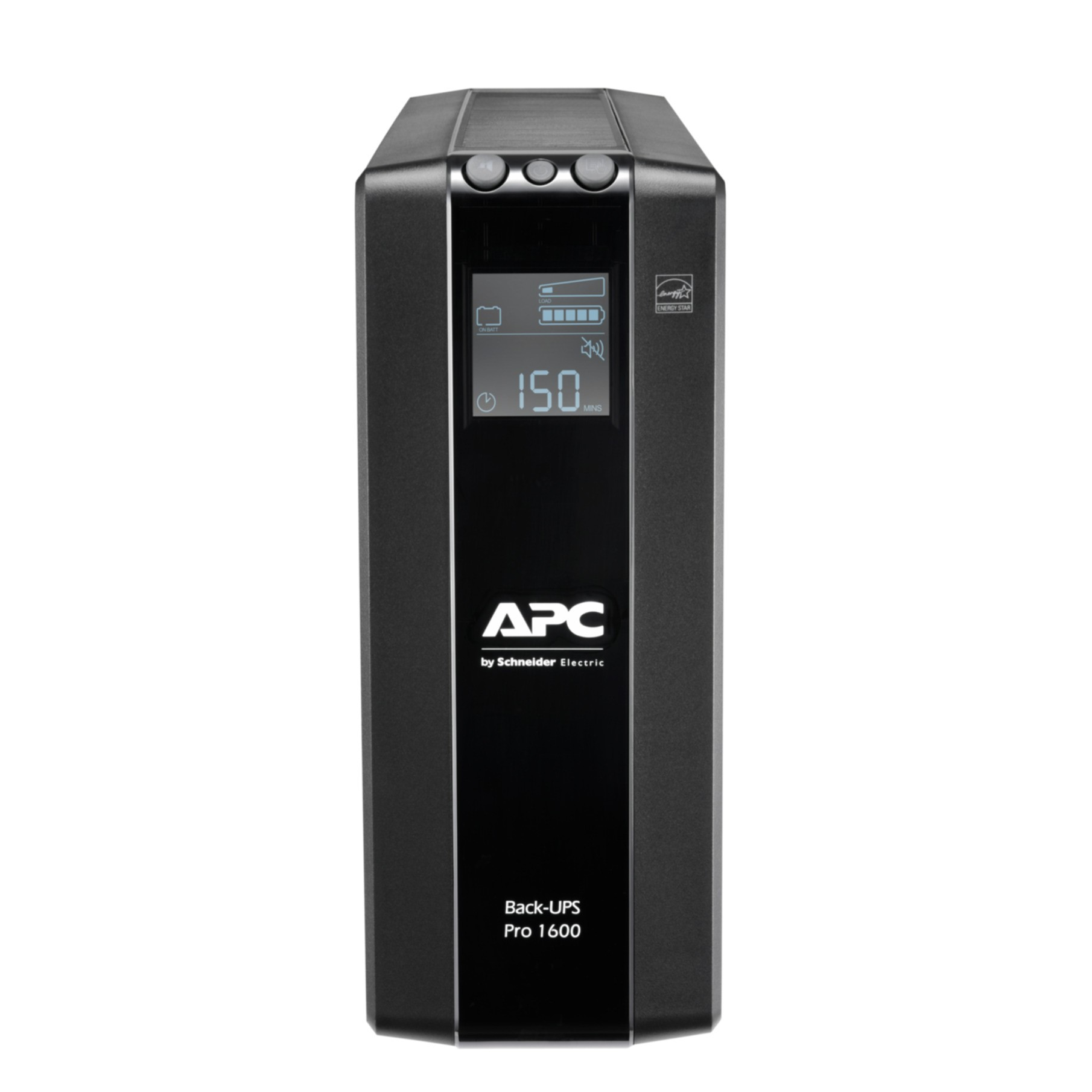 Schwarze APC Back-UPS 1600. Es hat ein Display und mehrere Knöpfe.
