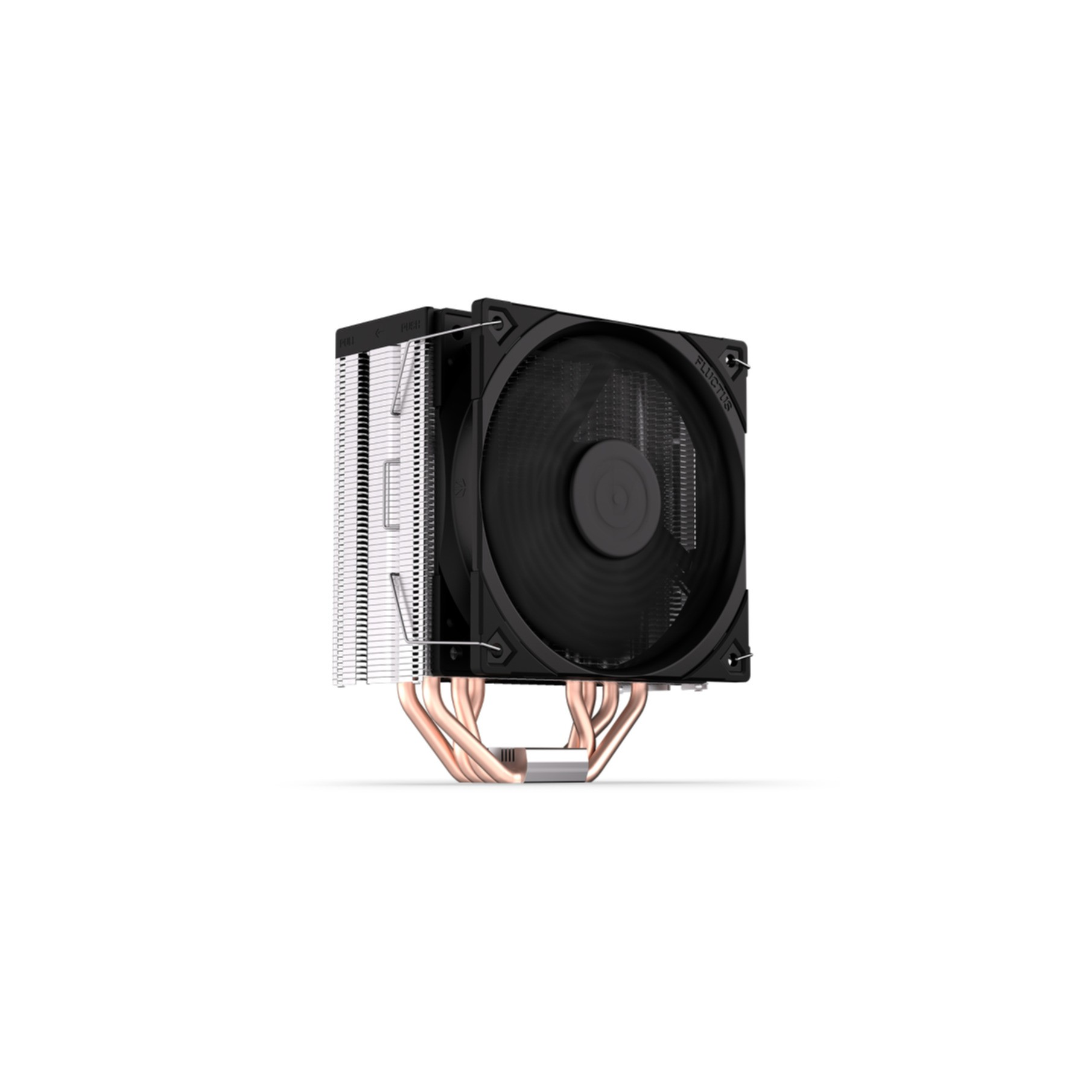 Czarny cooler CPU z wentylatorem i rurkami cieplnymi, przeznaczony do systemów komputerowych.