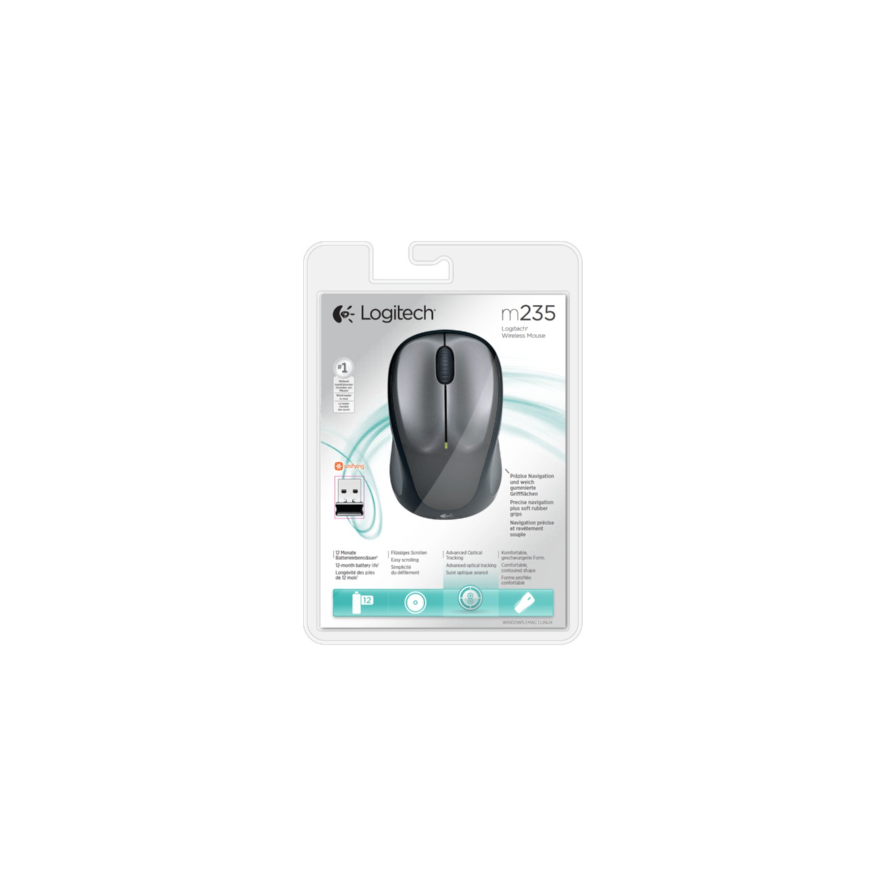 Mysz bezprzewodowa Logitech m235 w opakowaniu, z ciemnoszarą myszą i informacjami o produkcie.