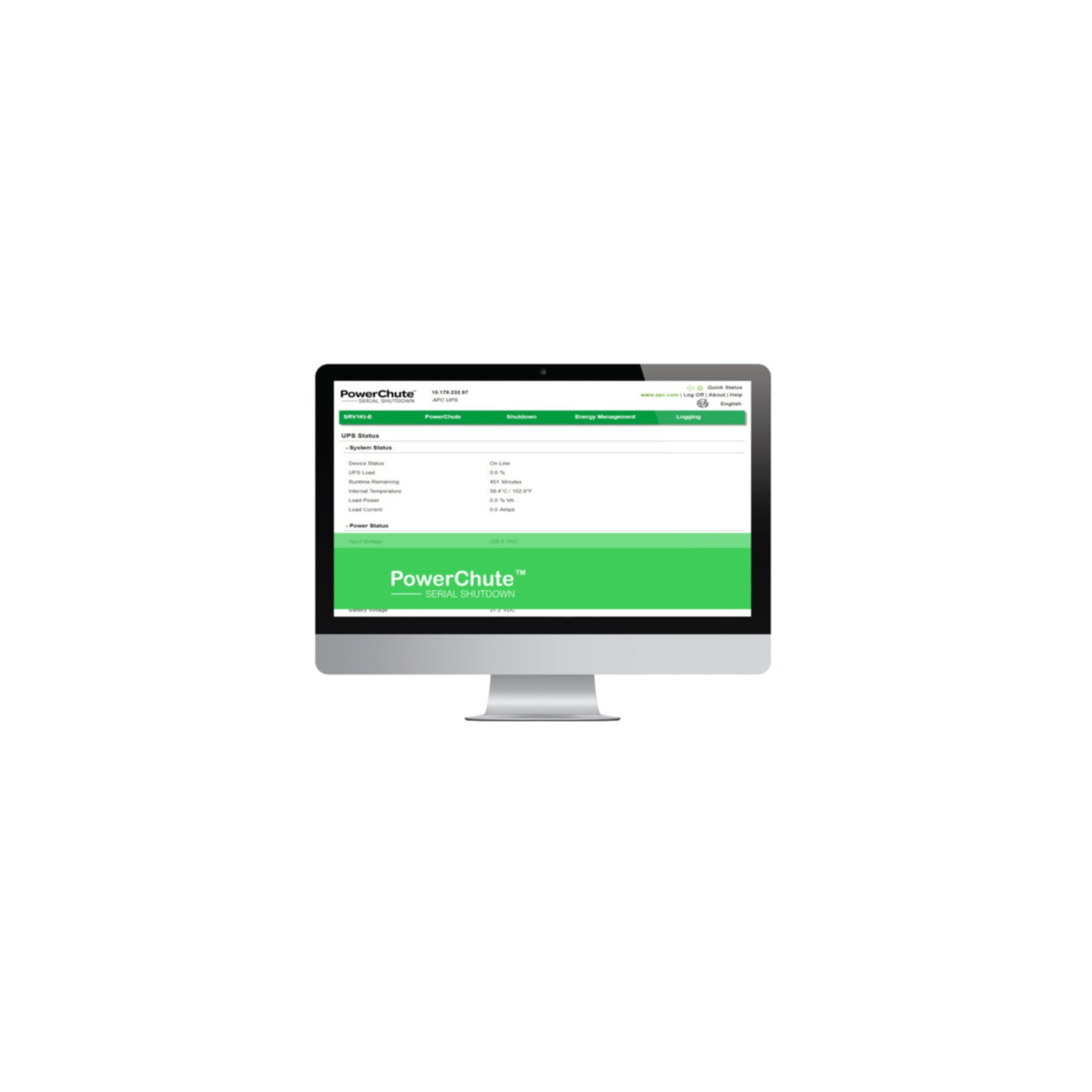 Computermonitor mit PowerChute-Softwareoberfläche. Weißer Hintergrund.