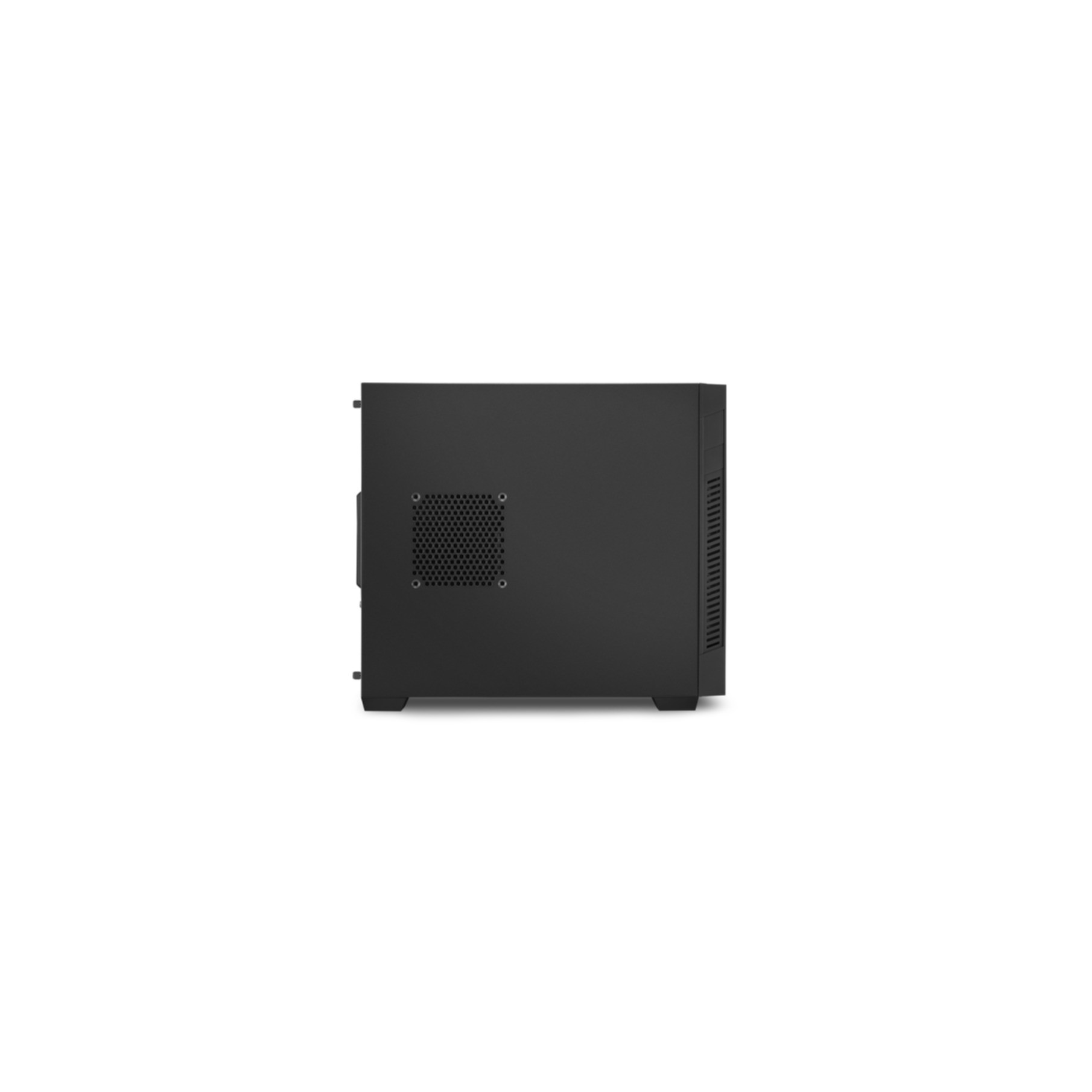 Black computer case. Side view showing ventilation holes and structure. Isolated on white.