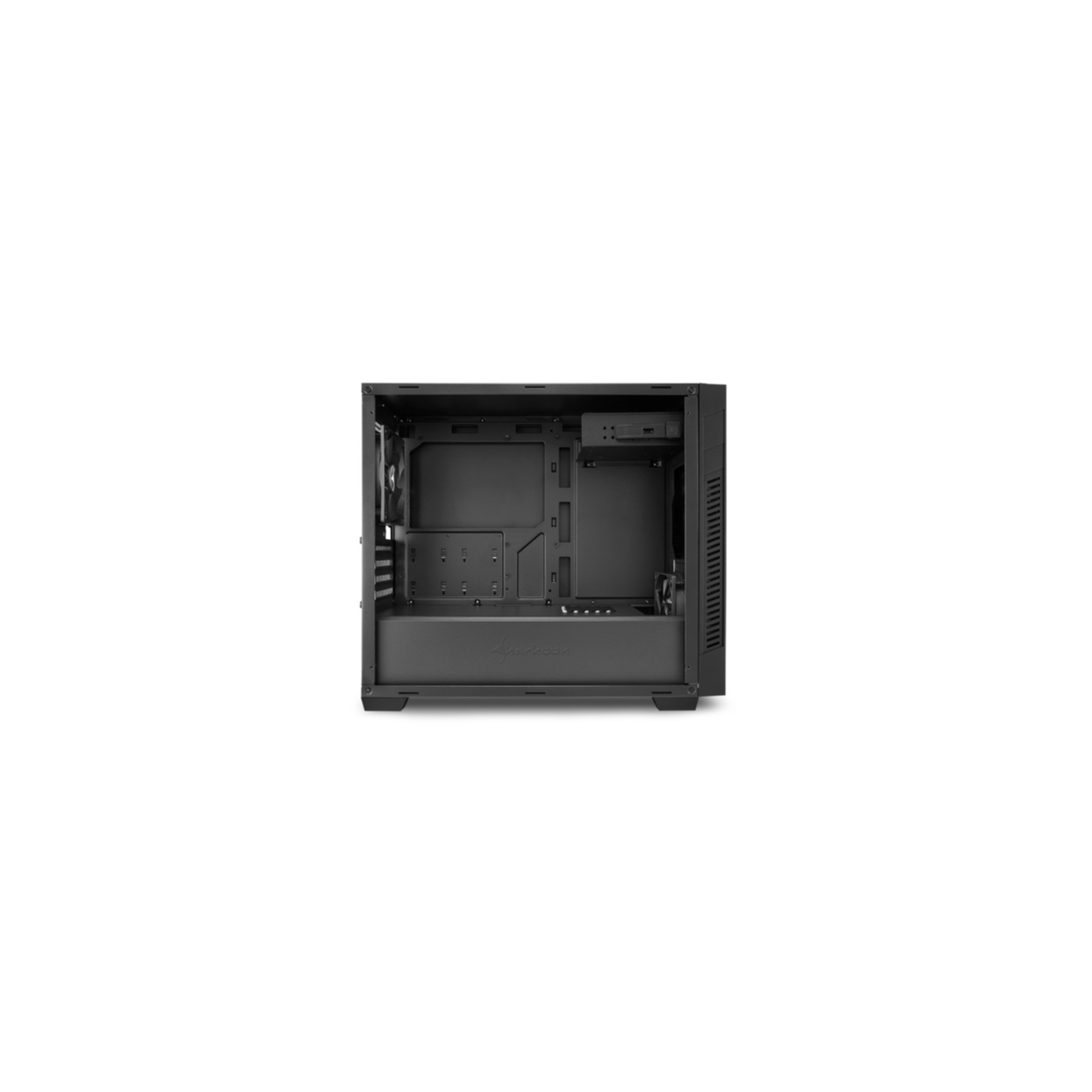 Empty computer case, open front view. Black color.