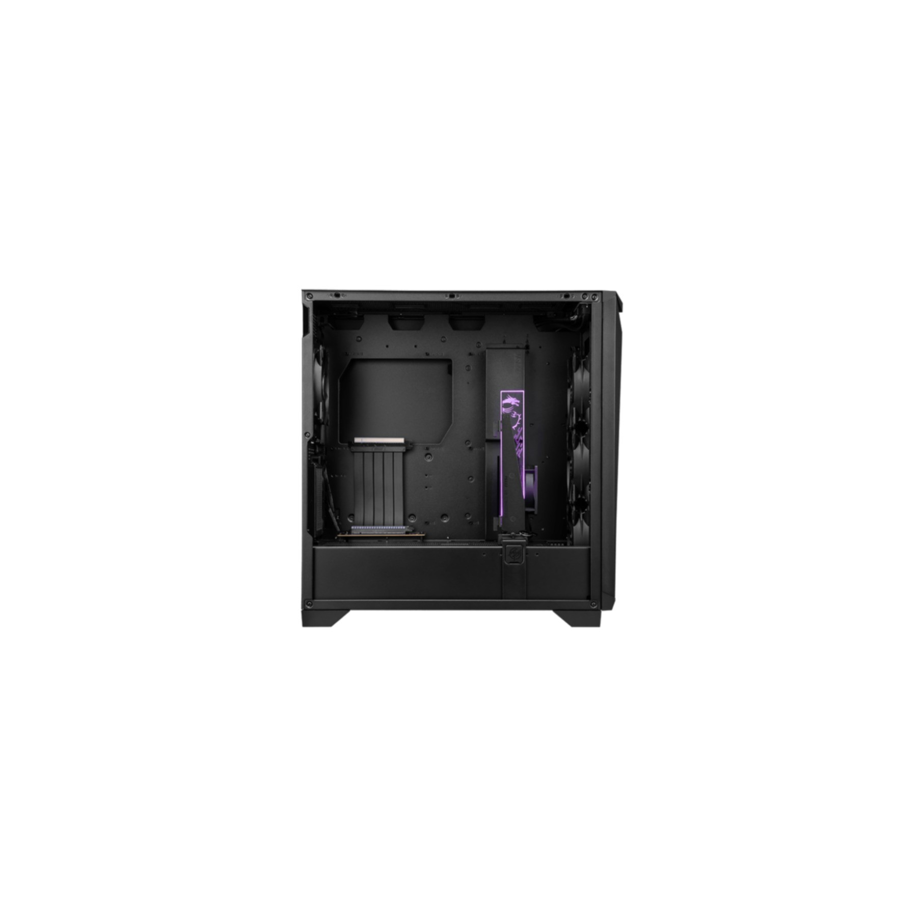 Czarna obudowa komputera, wewnątrz z wentylatorami, fioletowe światło.