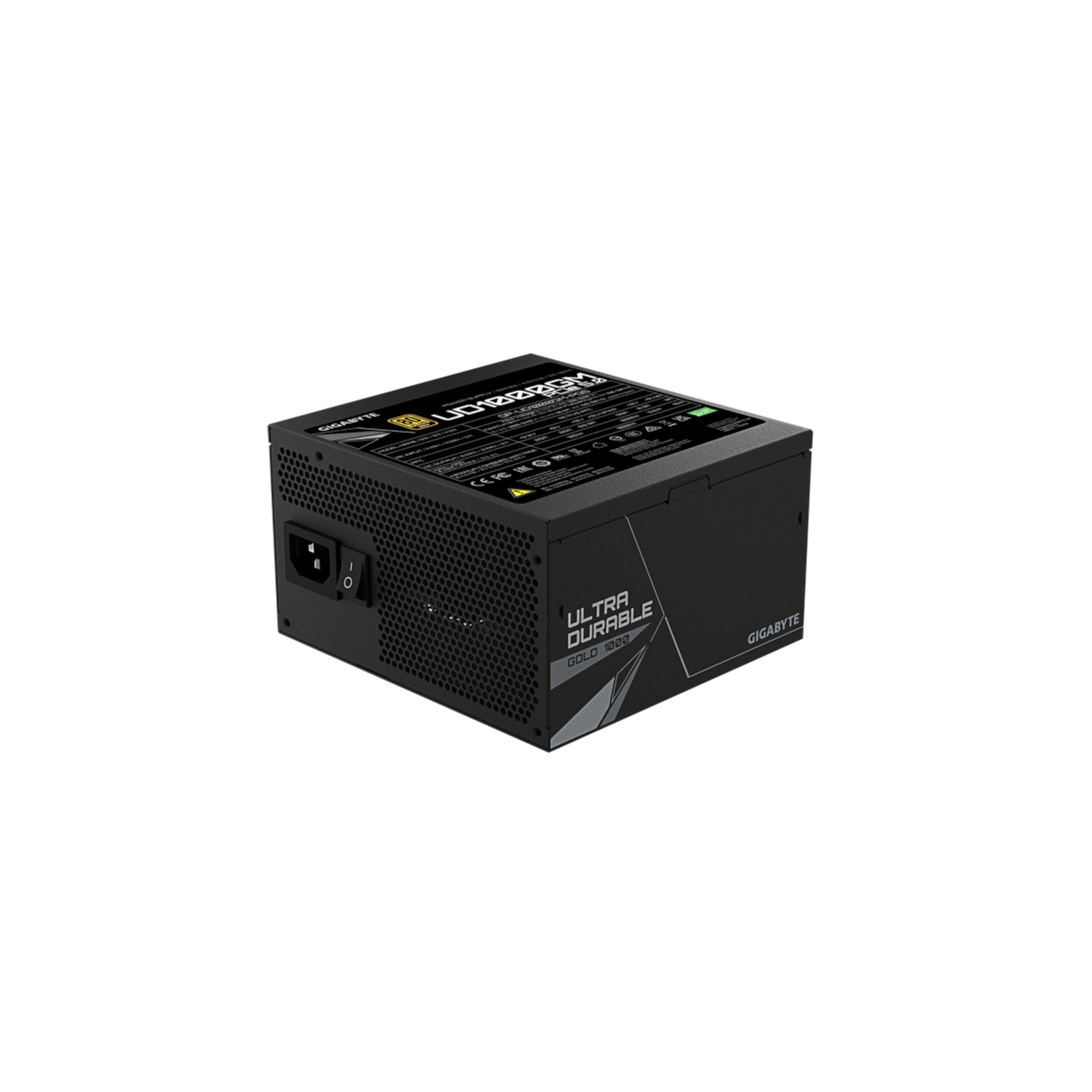 Black power supply with a grid front. Has the word 'ULTRA DURABLE' and the Gigabyte logo.