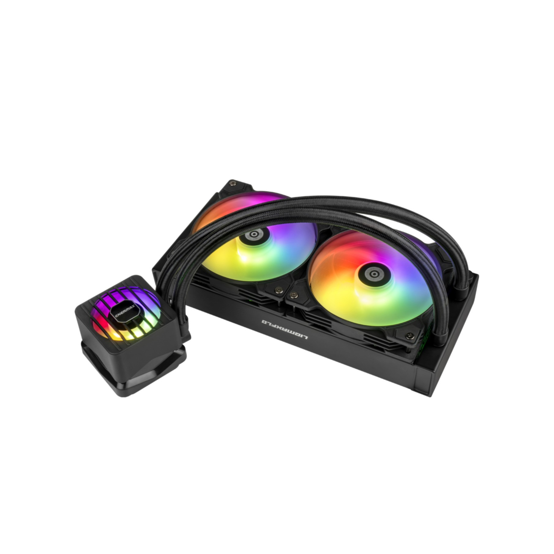 Czarny chłodnica cieczy z dwoma kolorowymi wentylatorami i małą chłodnicą po lewej stronie.