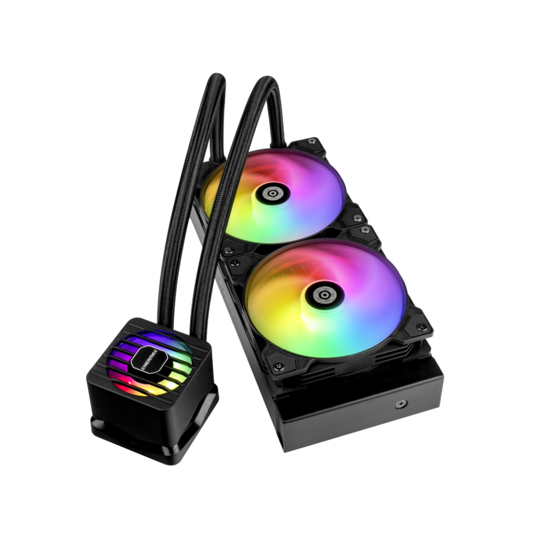 Chłodnica cieczy procesora z dwoma wentylatorami, w czarnej i RGB kolorystyce.