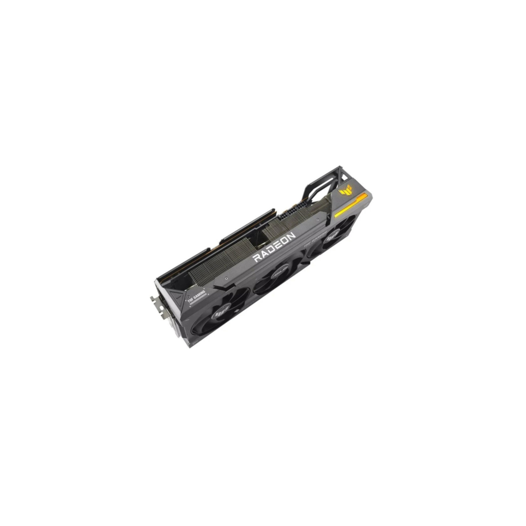 Scheda grafica con etichette Radeon e TUF Gaming. Design giallo e nero.