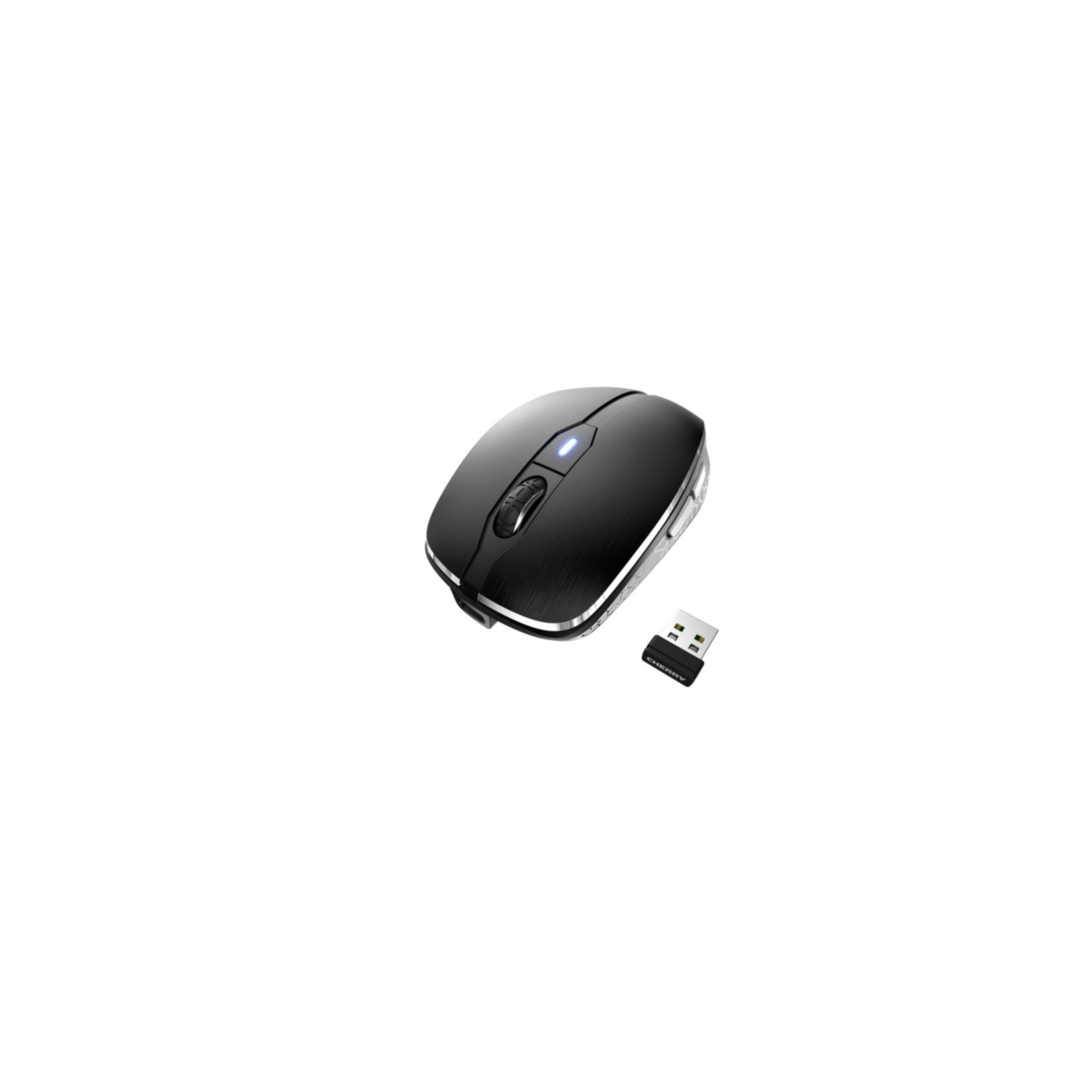 Zwarte draadloze muis met een USB-ontvanger. De muis heeft een blauw lichtje.