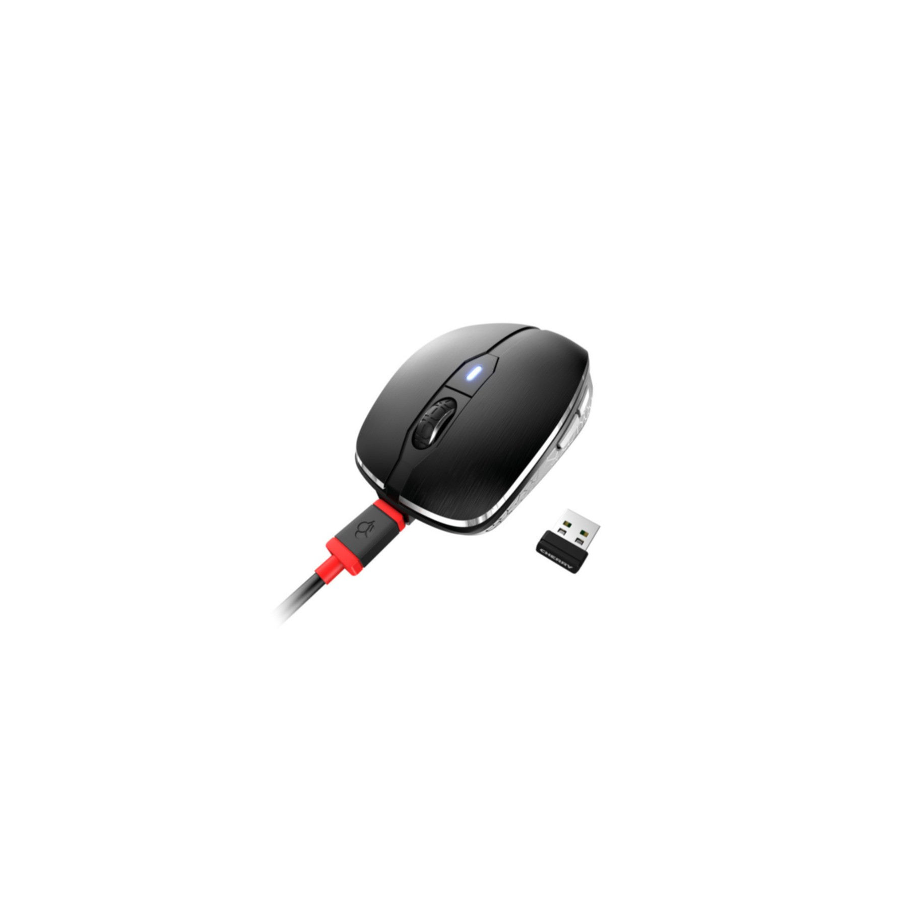 Zwarte en zilveren computermuis met een aangesloten rood-zwarte kabel en een USB-ontvanger.