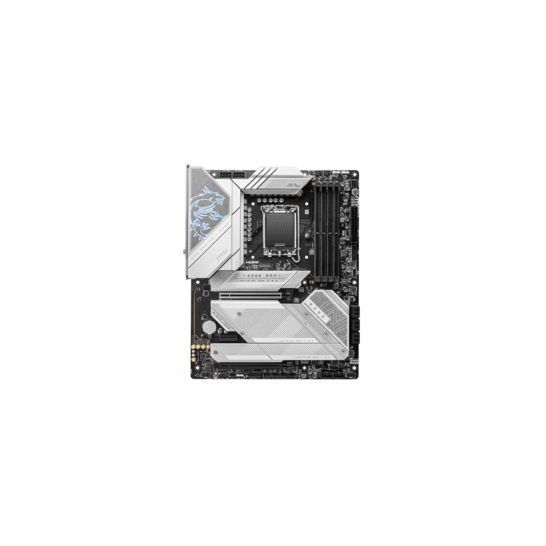 Scheda madre MSI bianca e argento con socket CPU e vari componenti.