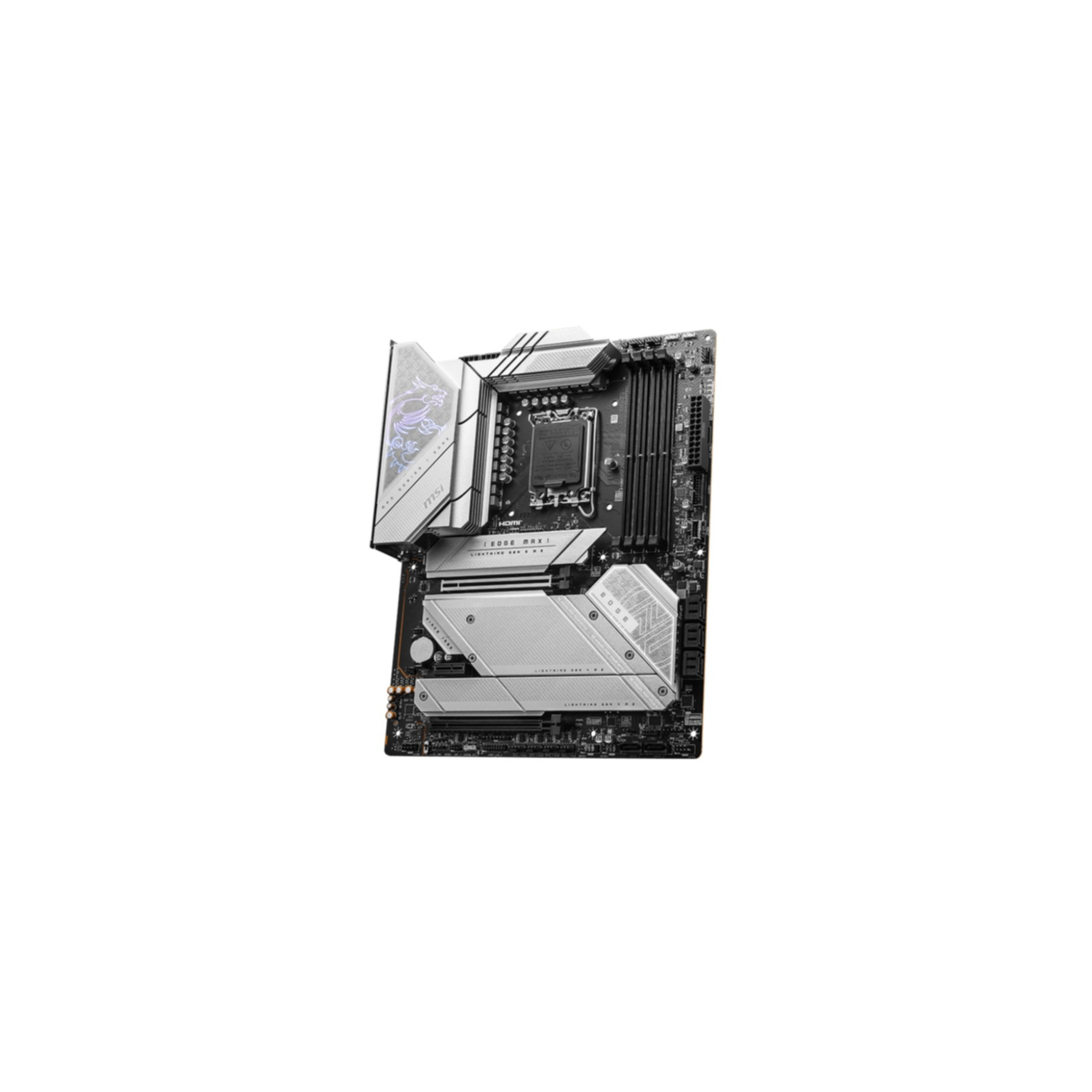 Scheda madre MSI, vista angolata. Design argento e nero, con diversi componenti visibili.