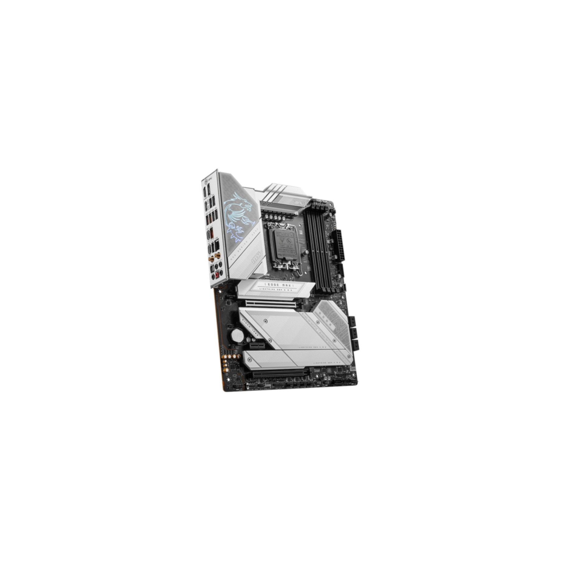 Scheda madre con design argento e bianco. Logo MSI visibile.