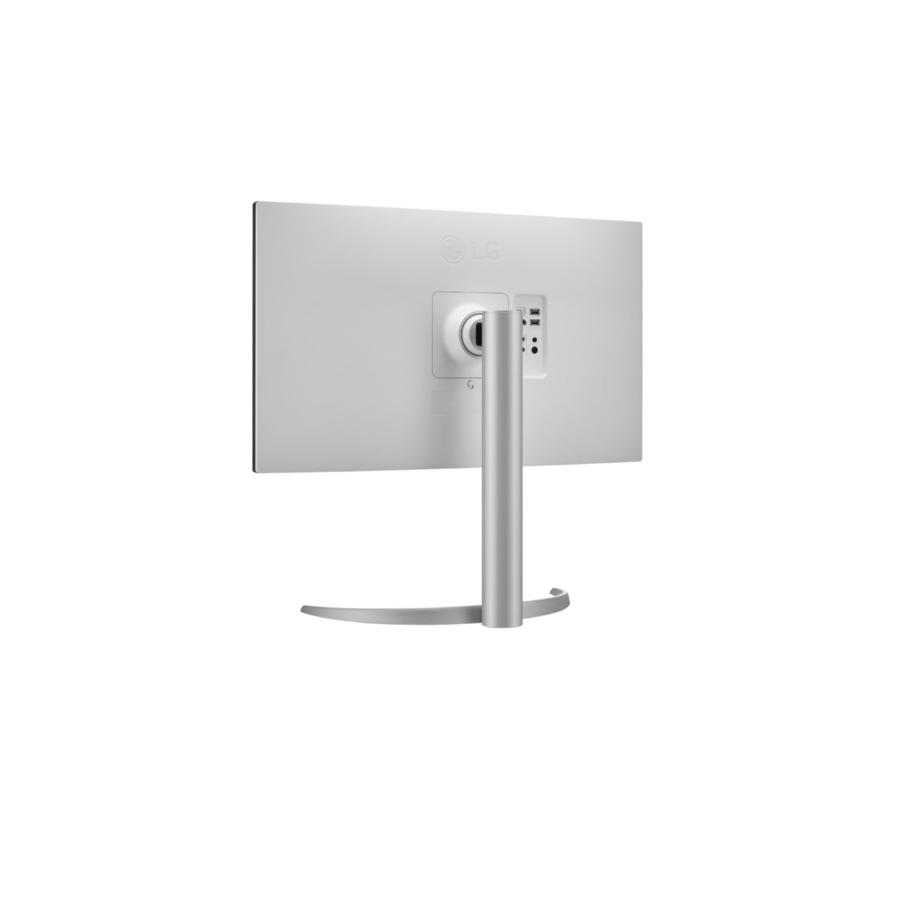 LG computer monitor, back view, silver stand, multiple ports.