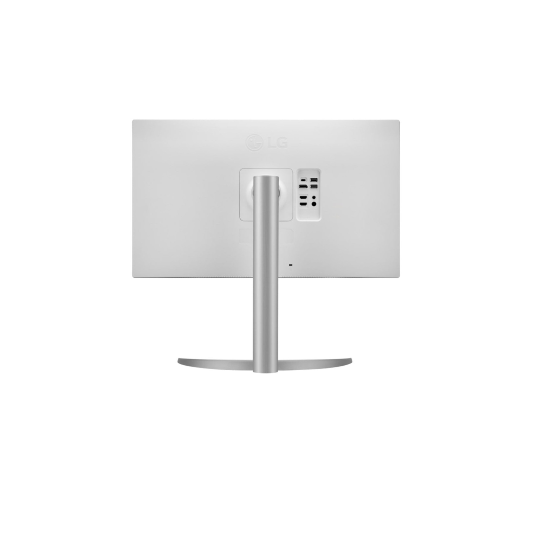 Back of a white LG monitor. It has ports and a stand. The logo and ports are visible.