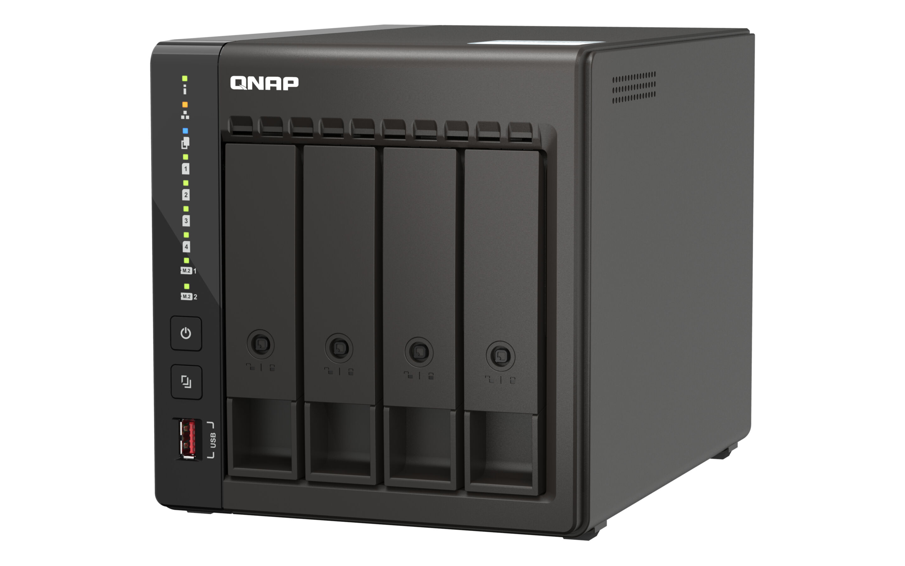 QNAP NAS, schwarz. Vorderansicht, vier Laufwerksschächte, Power-Taste, USB-Anschluss. Weißer Hintergrund.