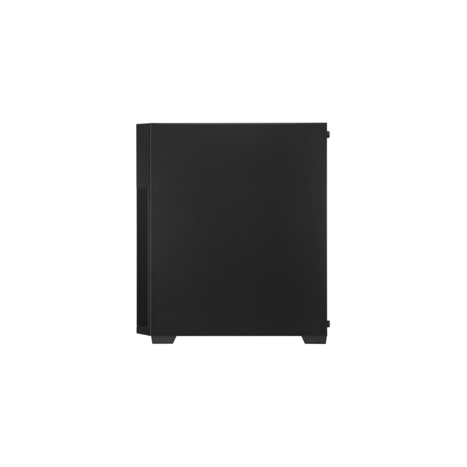 Schwarzes Computergehäuse auf weißem Hintergrund.