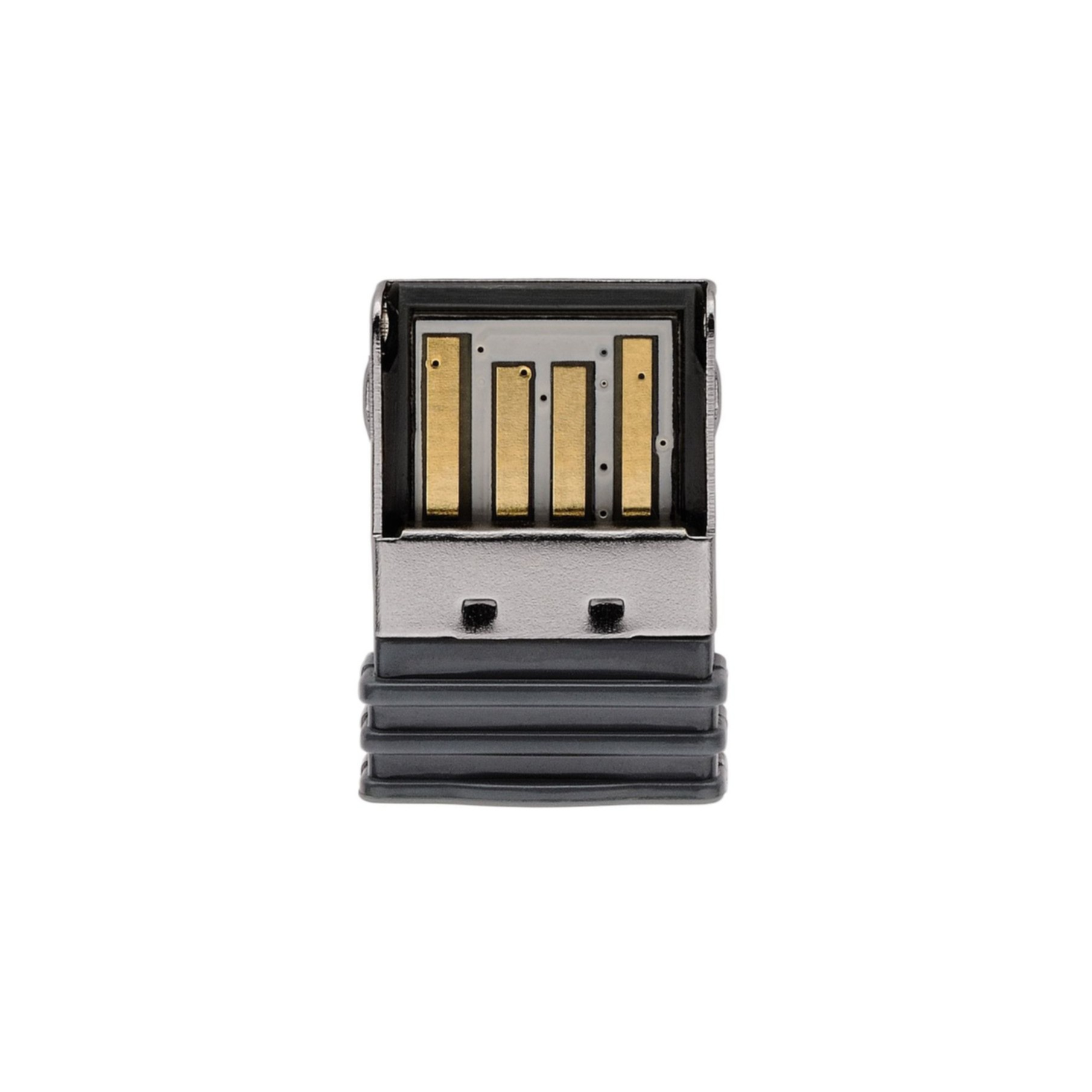 USB-C connector. Gouden pinnen zichtbaar. Zwarte en grijze behuizing.