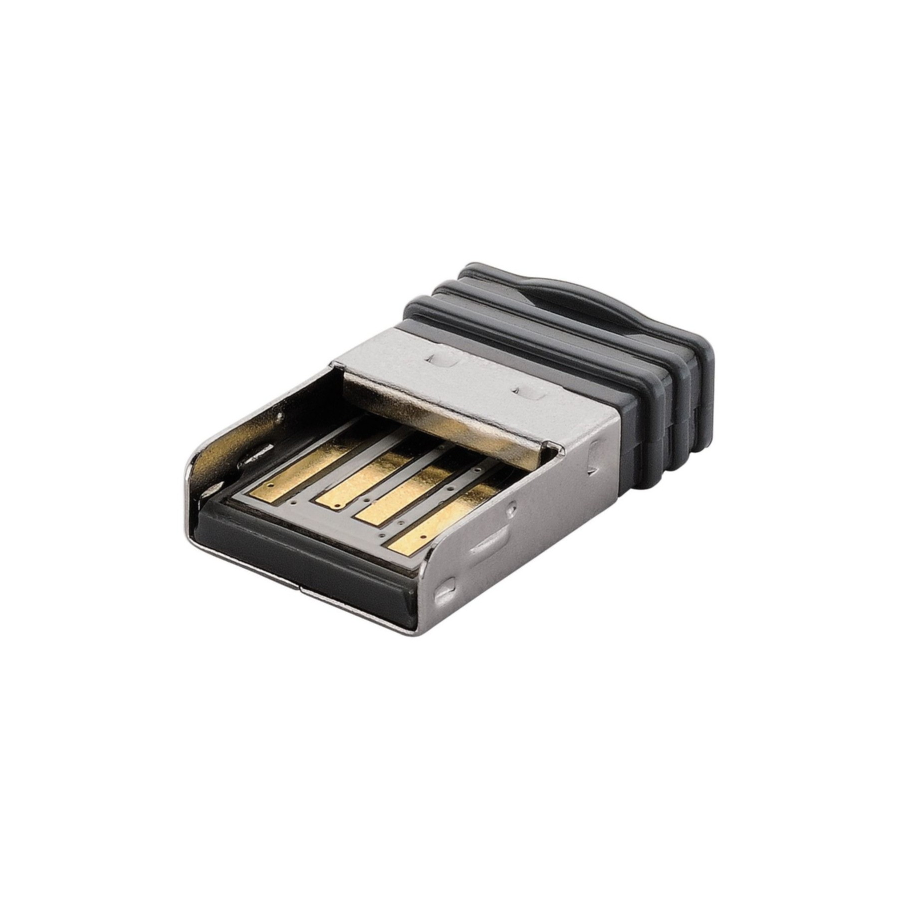 Een USB-adapter met gouden contacten en een grijze plastic behuizing, schuine weergave.