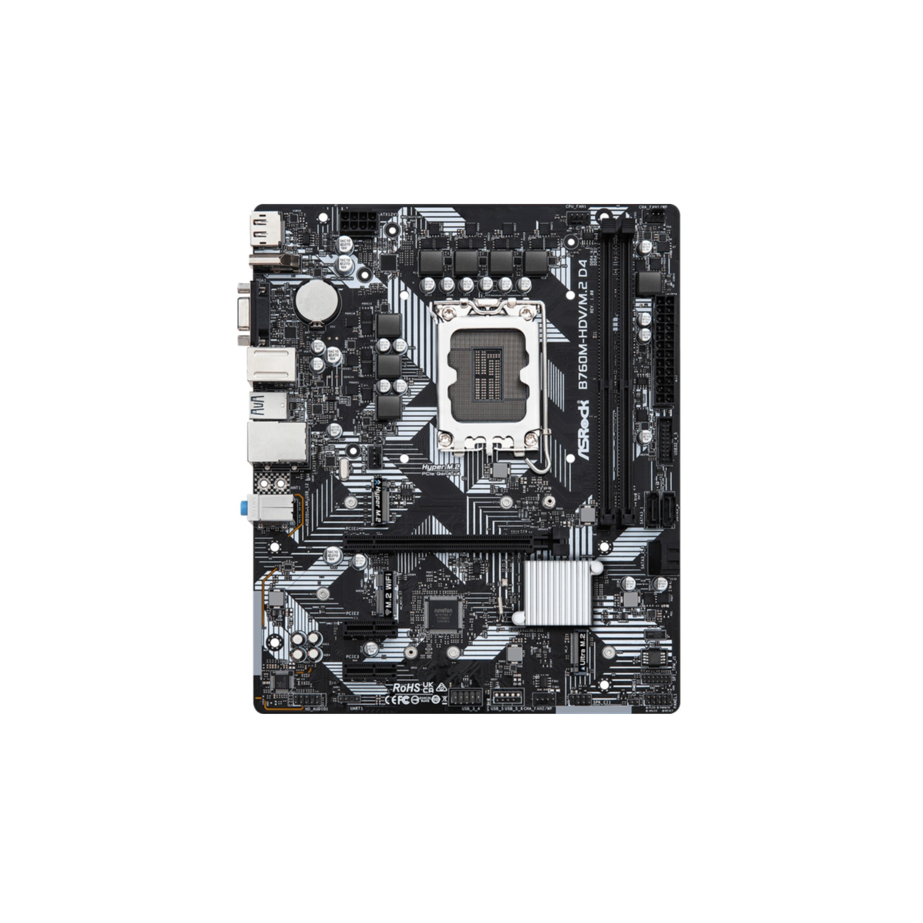 Płyta główna ASRock B760M-HDV/M.2 D4, czarno-biała, na białym tle.
