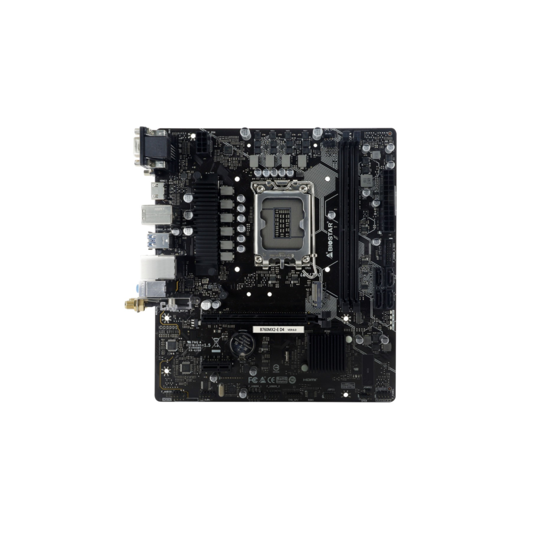 Computer-Motherboard mit verschiedenen Komponenten auf weißem Hintergrund.