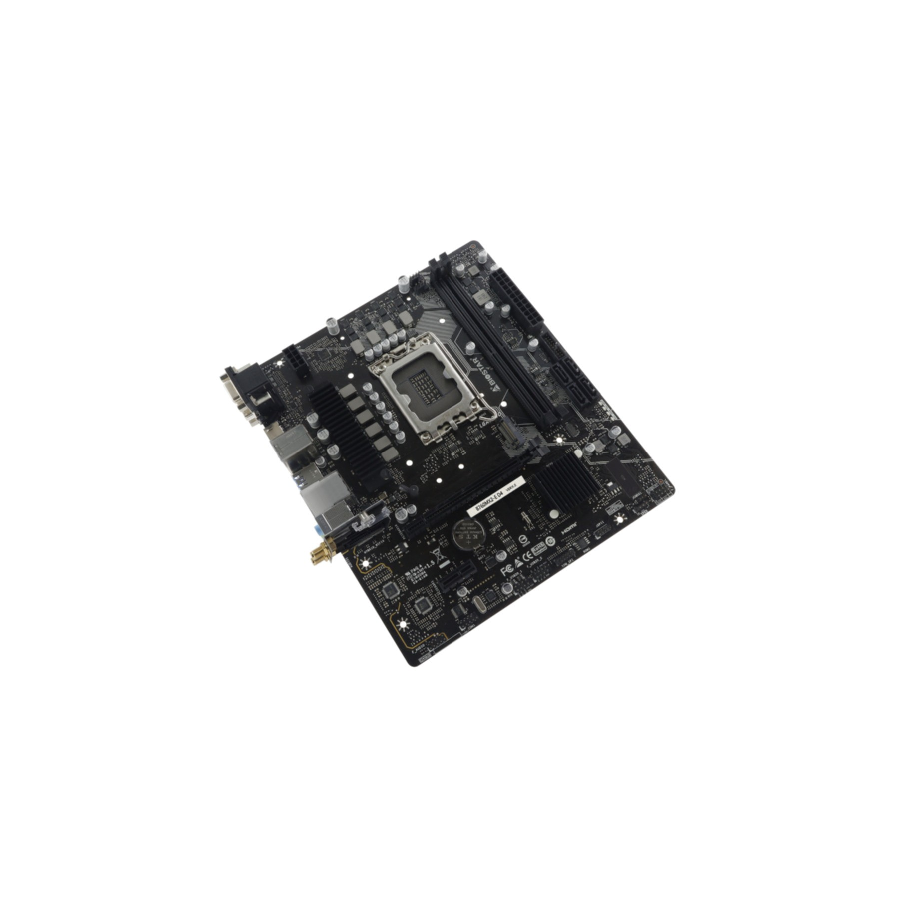 Schwarzes Mainboard auf Weiß. Verschiedene Anschlüsse und Stecker sind sichtbar.