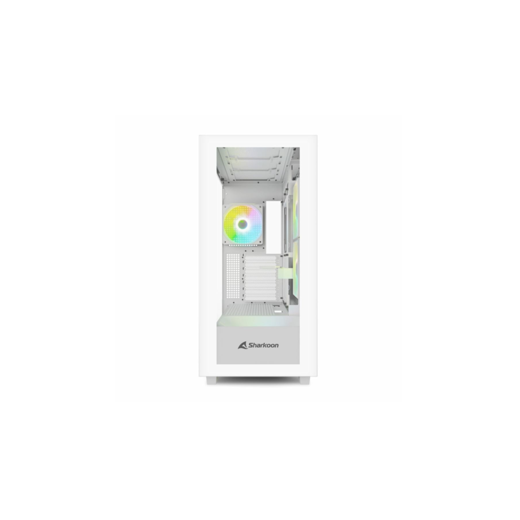 A white computer case with a visible interior, including a fan with lights.