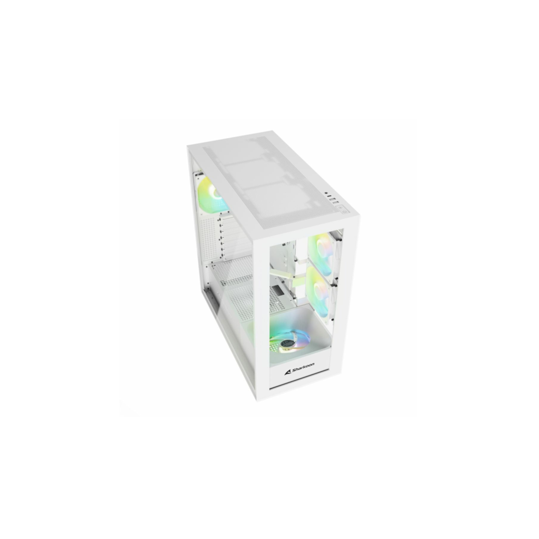 White computer case with glass panels. Sharkoon logo on the front.