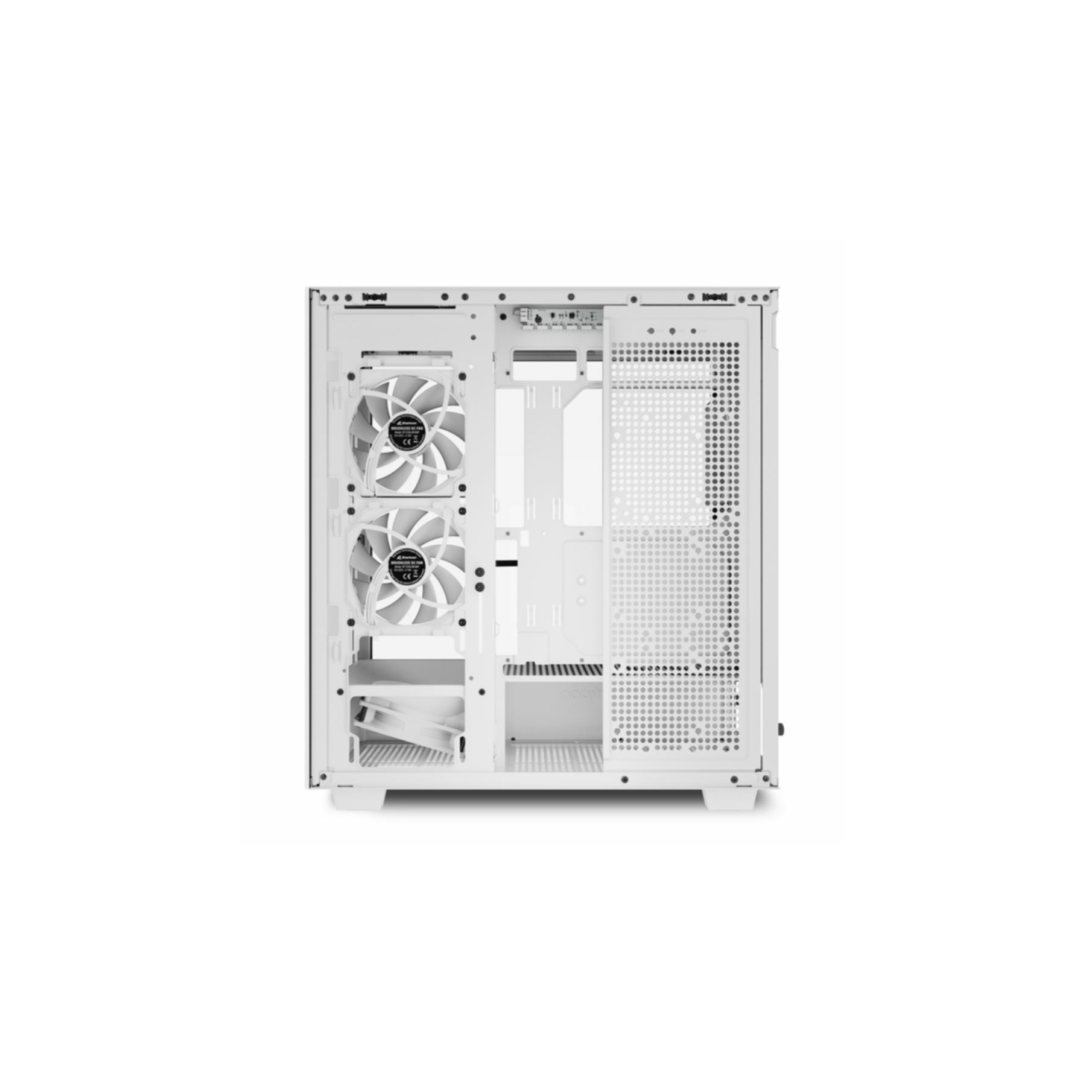 White computer case interior. Fans and structure visible. Perforated sections, empty space.