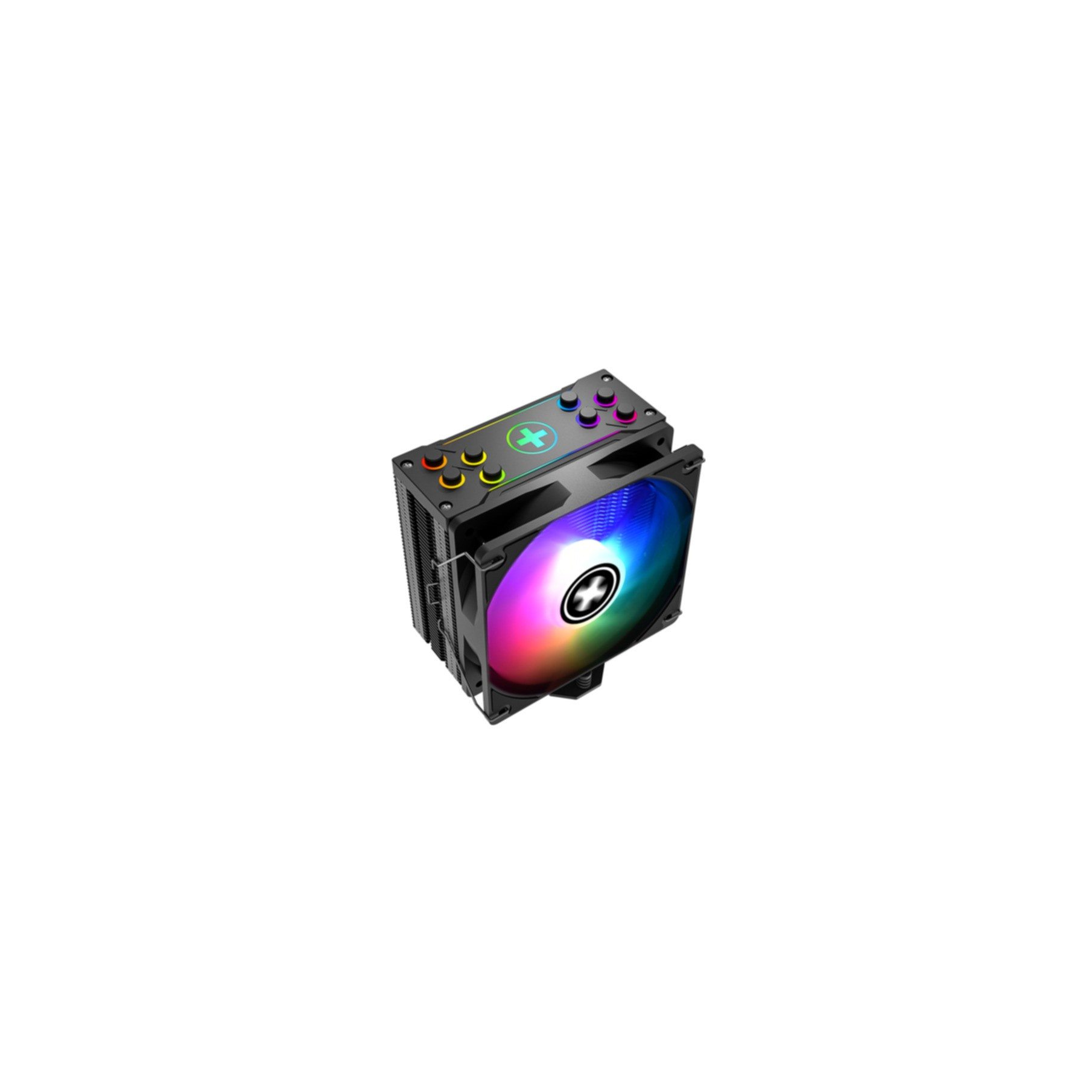 CPU-Kühler, schwarz und silber, mit buntem Lüfter, auf weißem Hintergrund.
