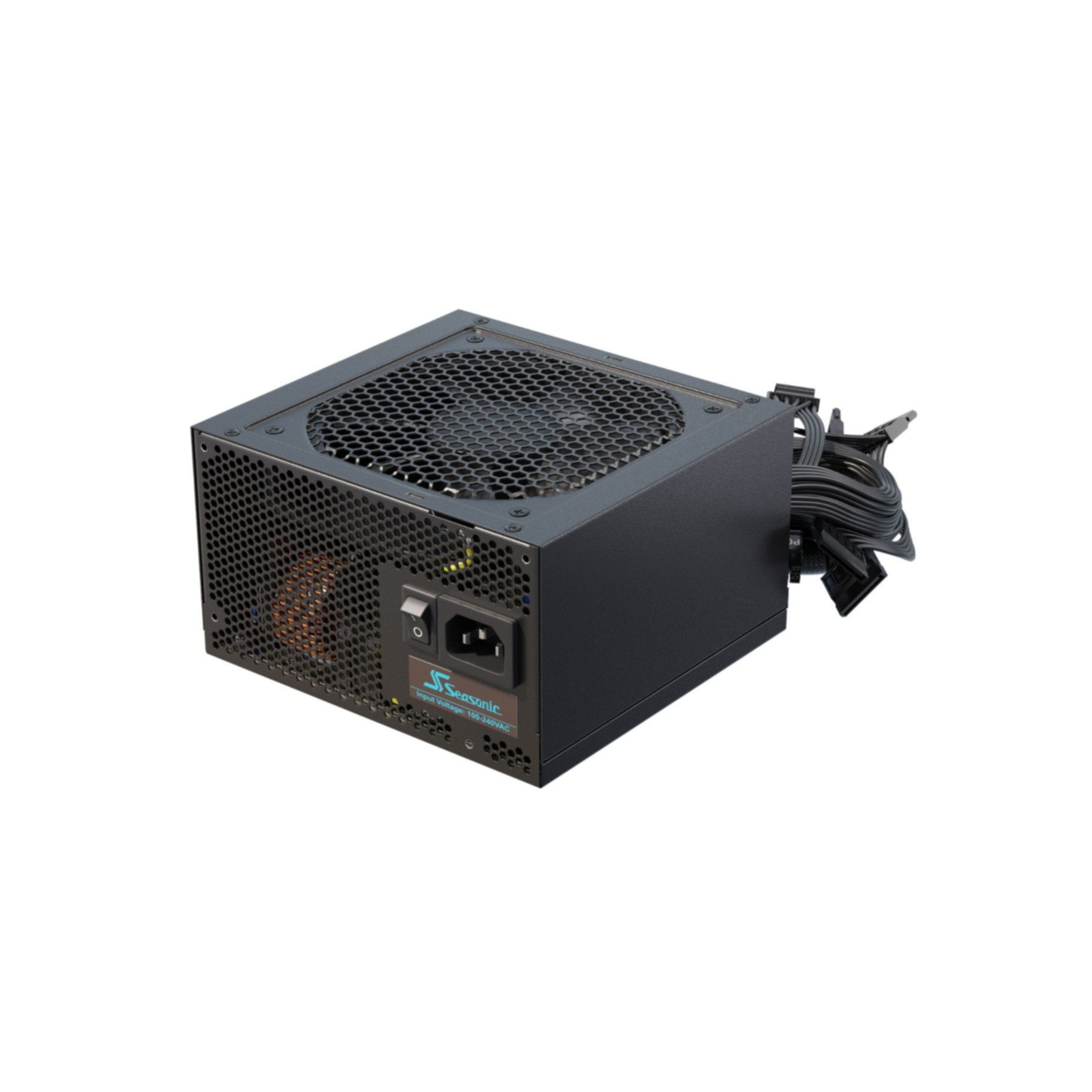 Een zwarte Seasonic computer voeding. Het heeft een ventilator en kabels.