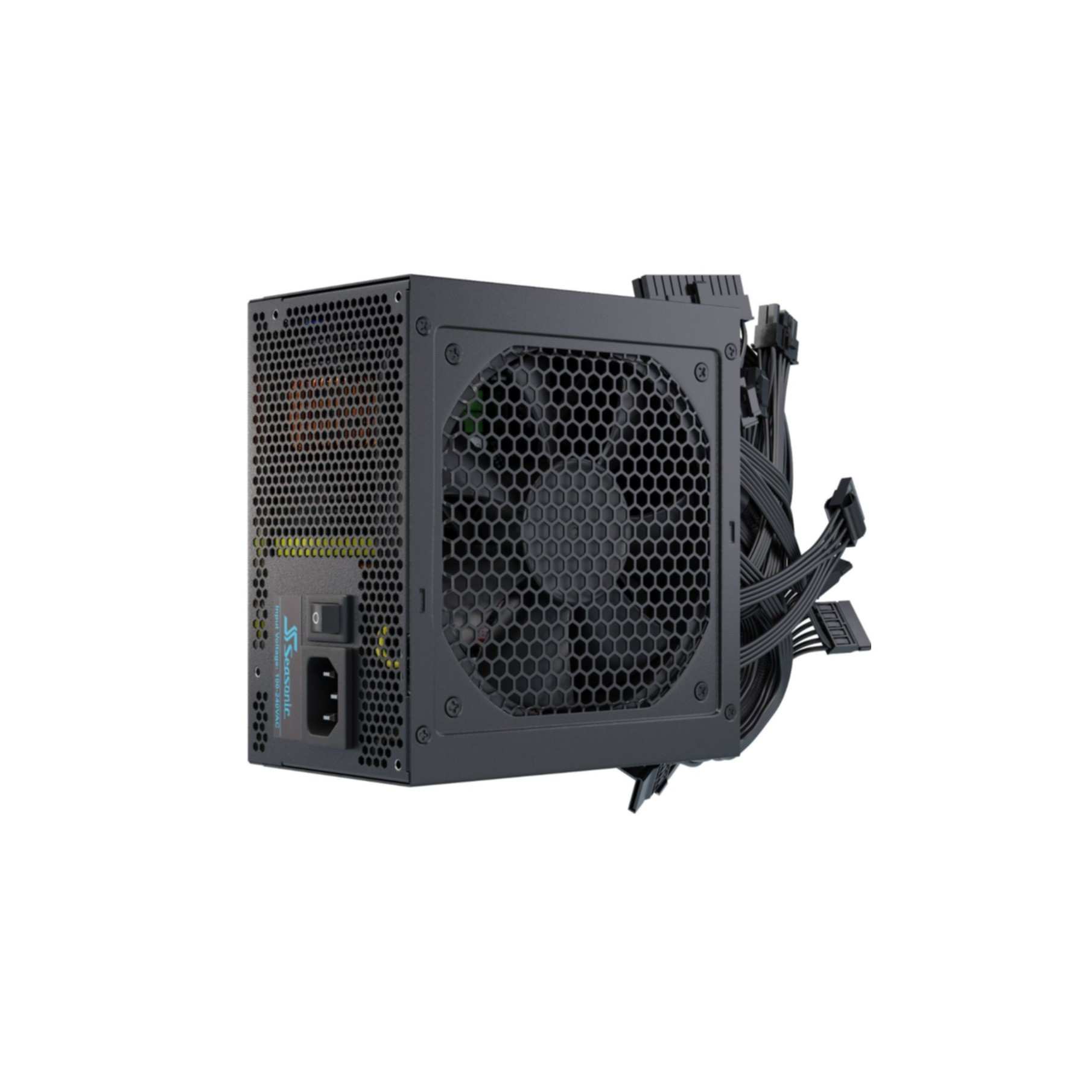 Een computer voeding. Het heeft een ventilator en kabels. De unit is zwart en heeft labels.
