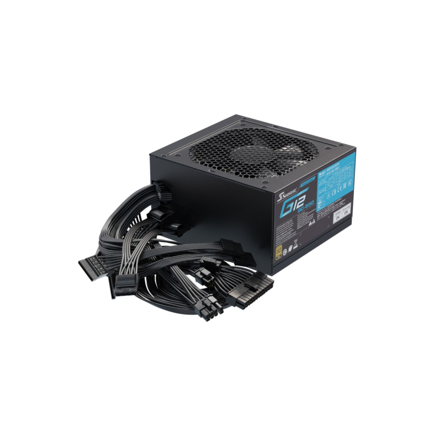 Alimentatore nero con cavi, ventola visibile ed etichetta blu.