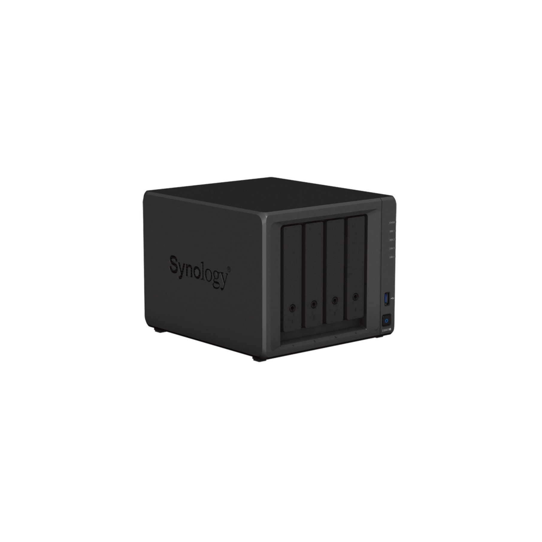 Schwarzer Synology NAS-Server. Er hat vier Laufwerksschächte und ein Synology-Logo vorne.