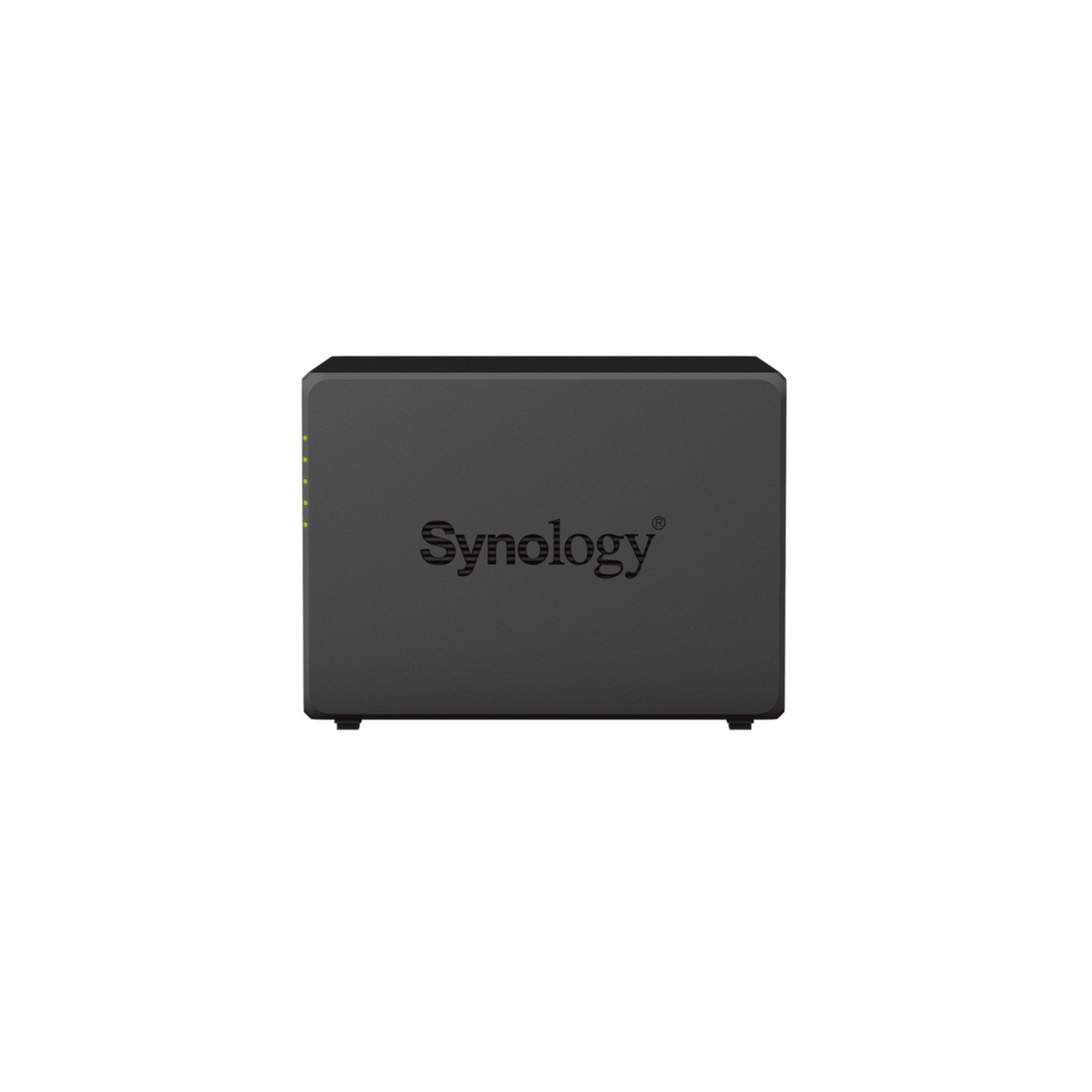Schwarzes Synology NAS-Gerät, Vorderansicht, weißes 'Synology'-Logo auf der Vorderseite.