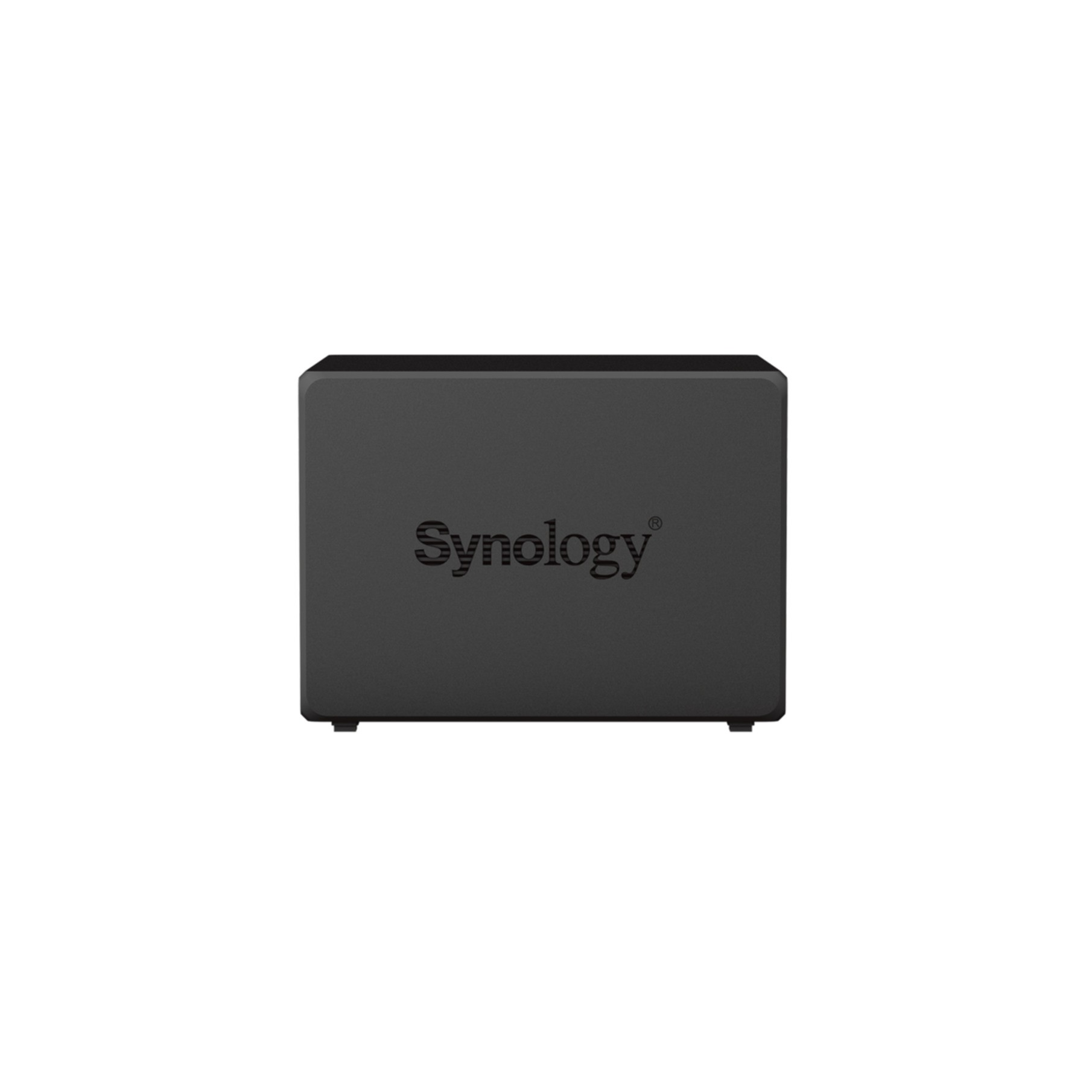 Ein schwarzes Synology NAS-Gerät. Das Synology-Logo ist mittig auf der Frontplatte.