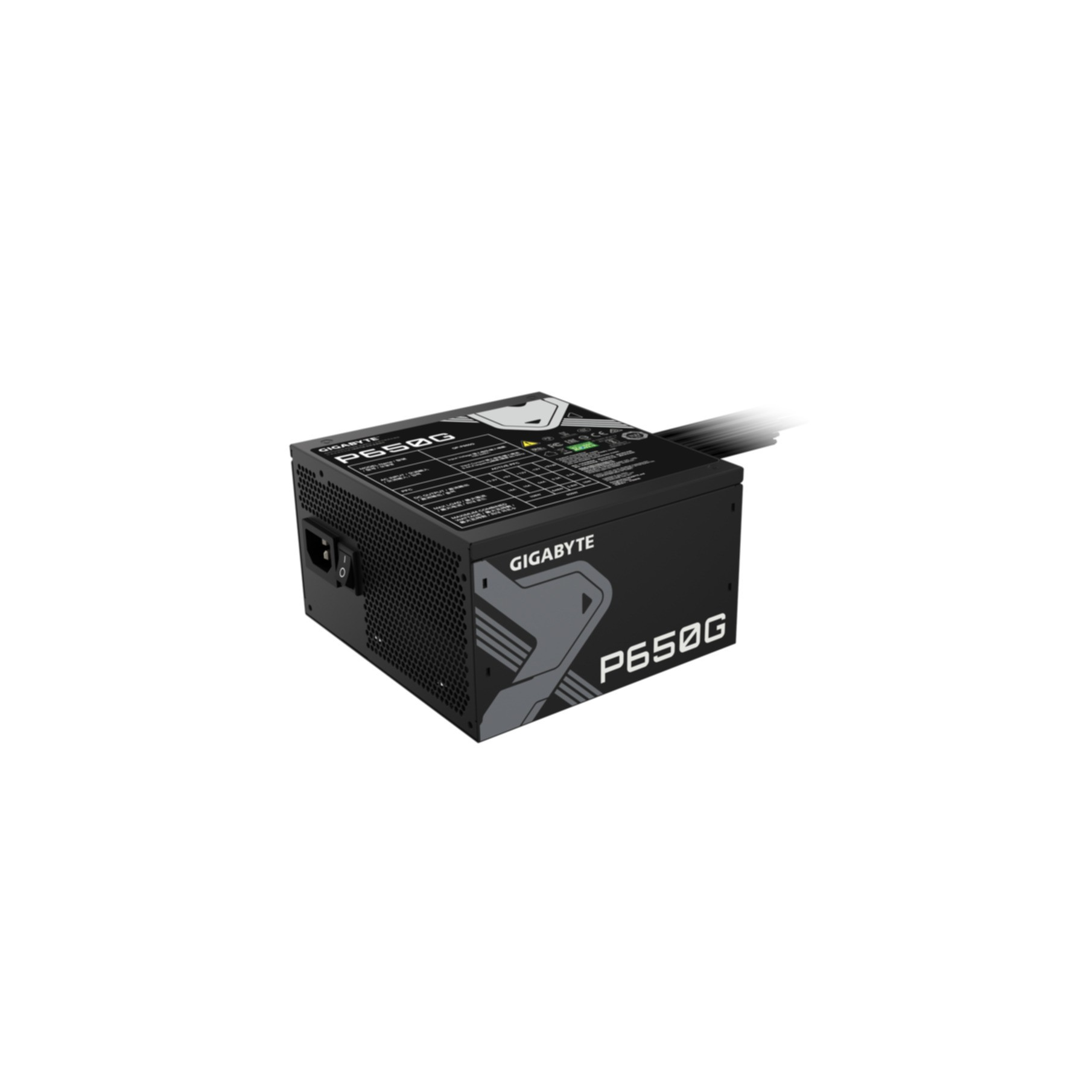 Ein schwarzes Gigabyte P650G Netzteil auf weißem Hintergrund. Es hat graue Akzente.