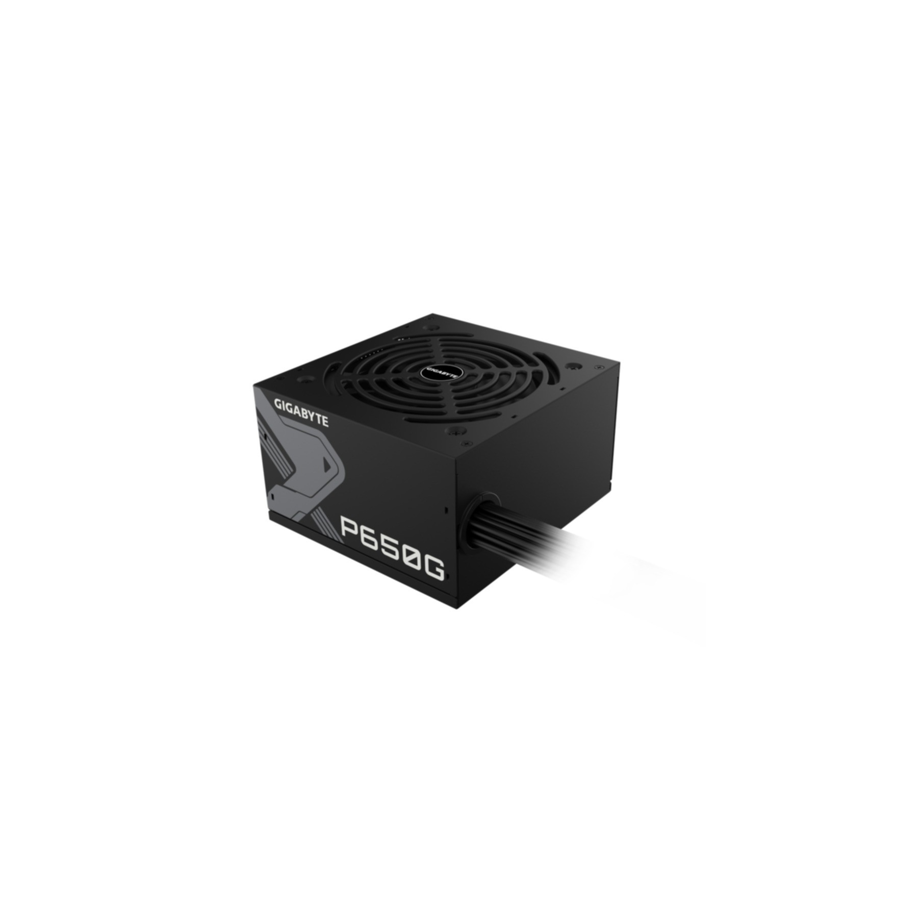 Ein schwarzes Gigabyte-Netzteil mit Lüfter und dem Text P650G auf der Seite.