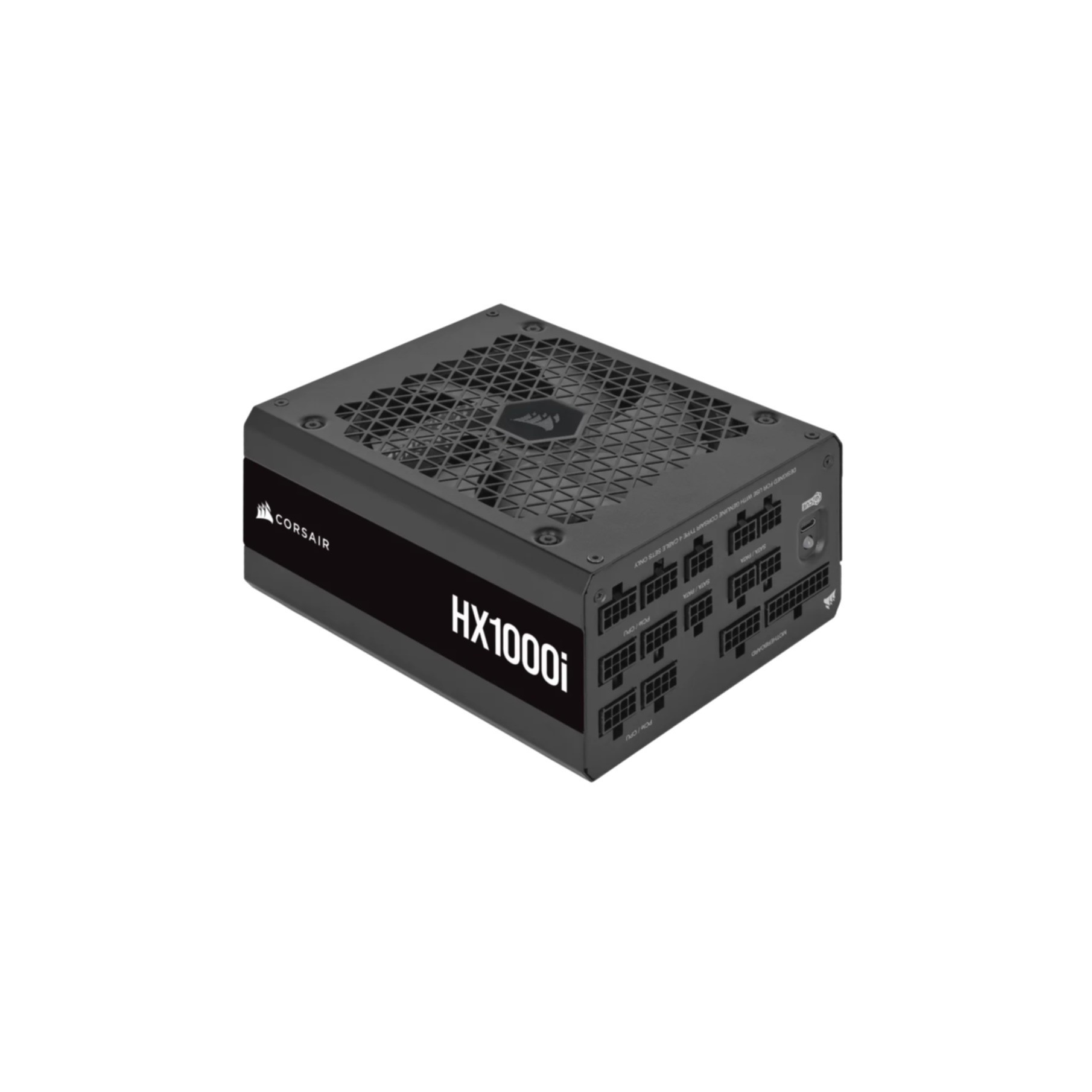 Czarny zasilacz z wieloma złączami, z logo Corsair.